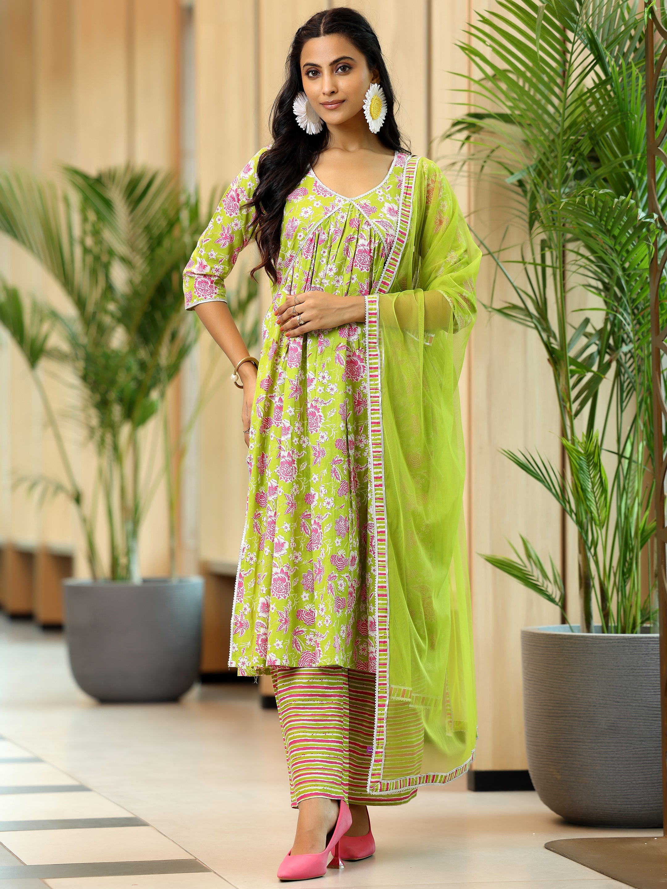 Green Printed Cotton A-Line Kurta With Palazzos & Dupatta