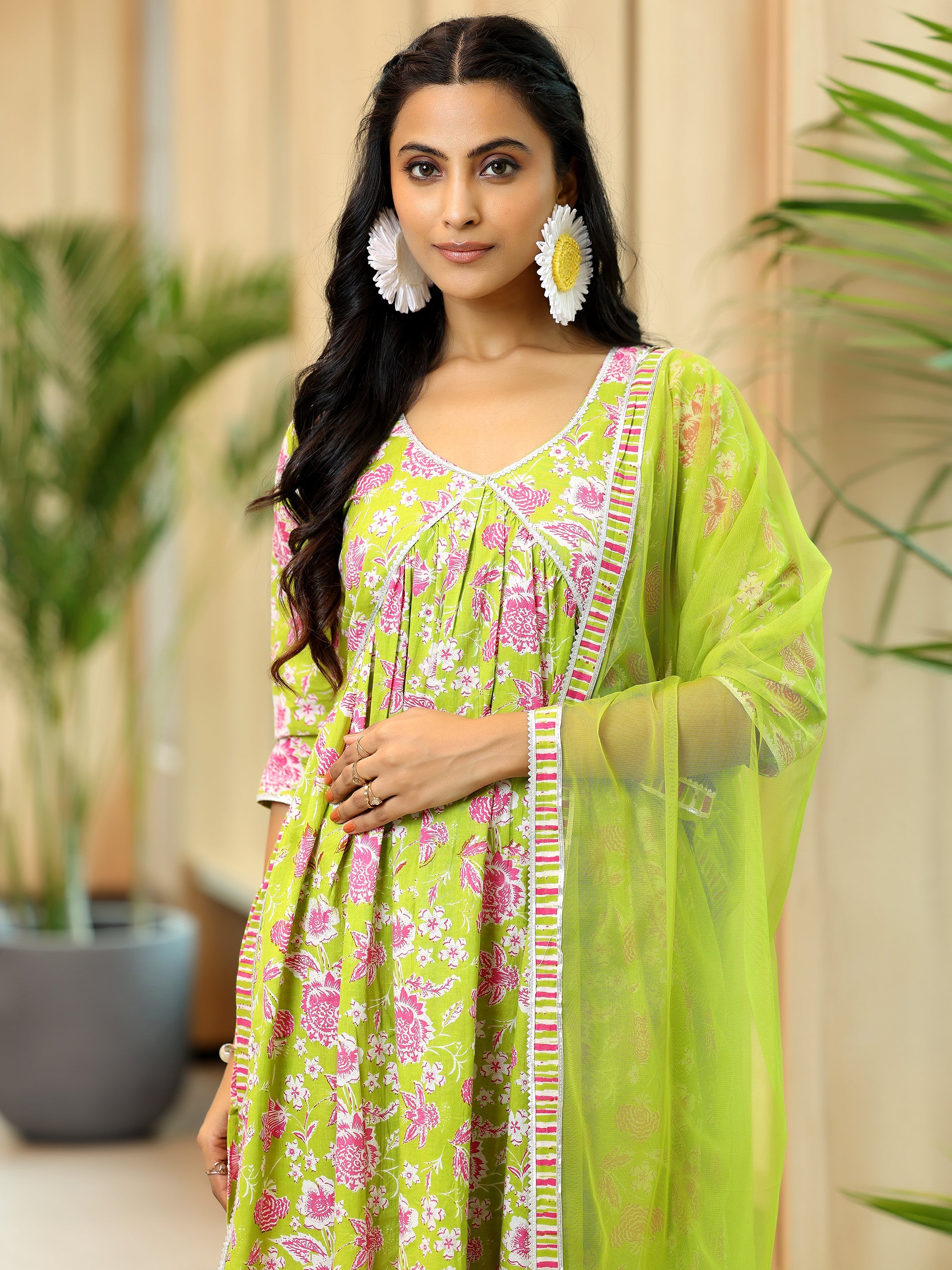 Green Printed Cotton A-Line Kurta With Palazzos & Dupatta