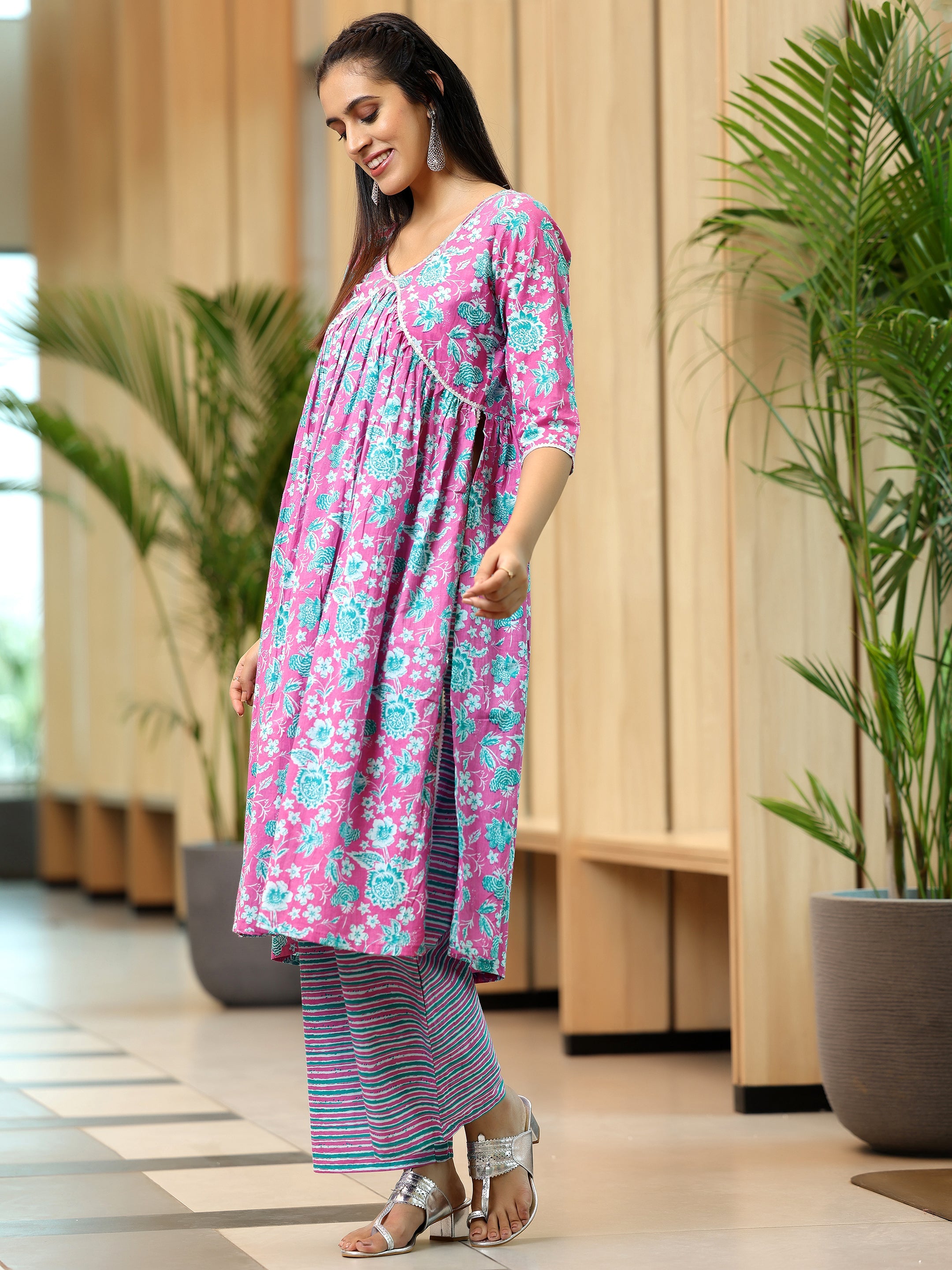 Pink Printed Cotton A-Line Kurta With Palazzos & Dupatta