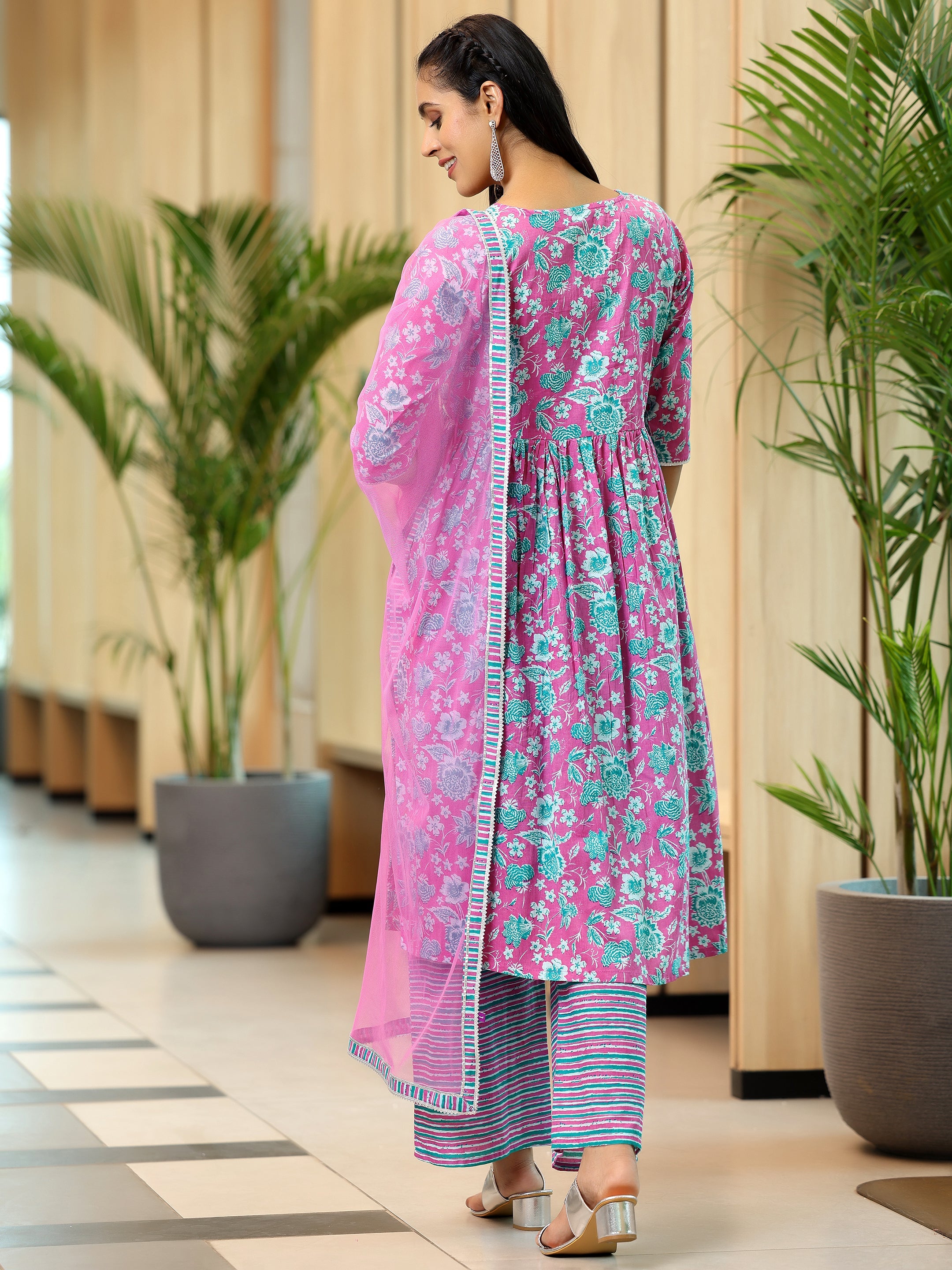 Pink Printed Cotton A-Line Kurta With Palazzos & Dupatta