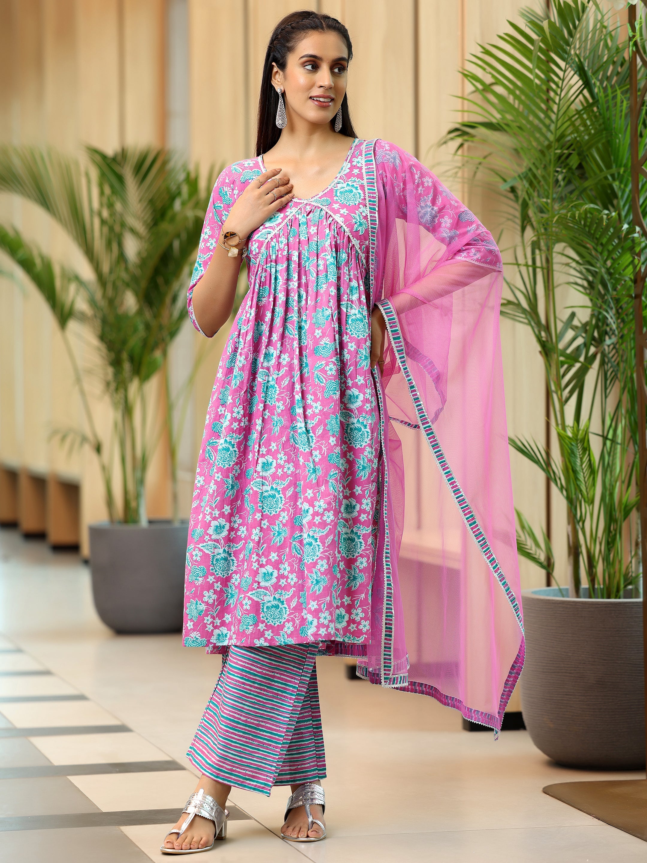 Pink Printed Cotton A-Line Kurta With Palazzos & Dupatta