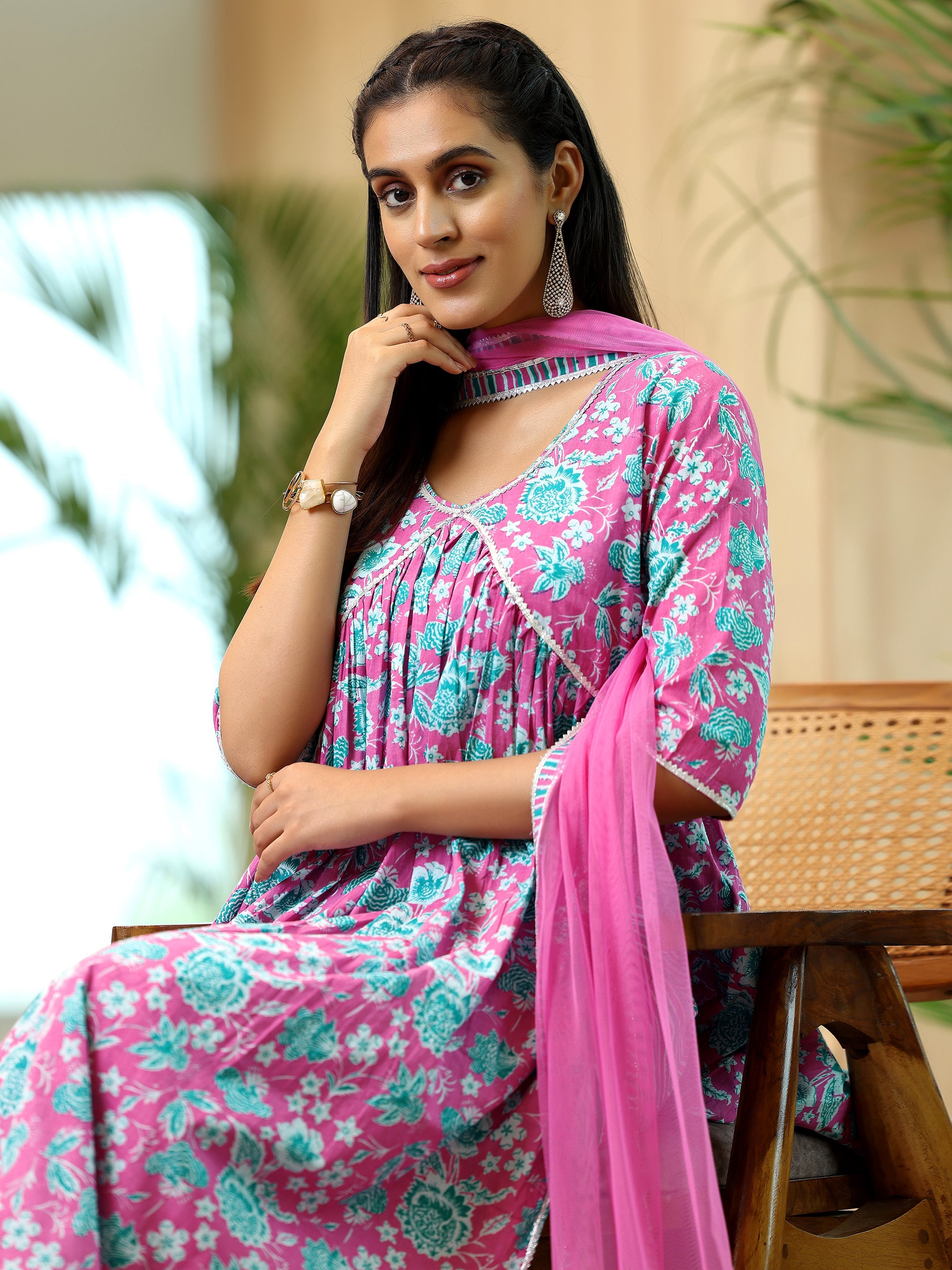 Pink Printed Cotton A-Line Kurta With Palazzos & Dupatta