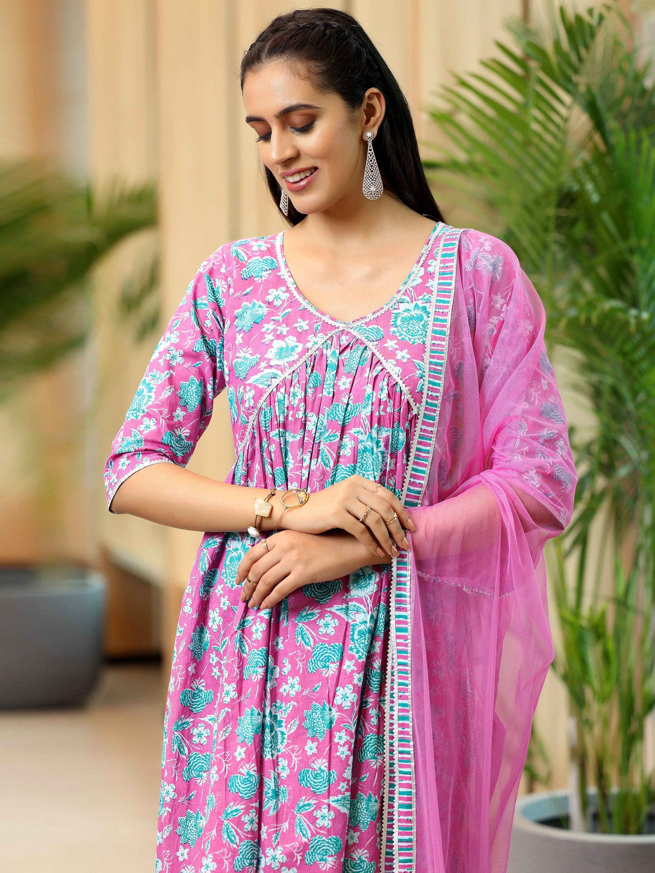 Pink Printed Cotton A-Line Kurta With Palazzos & Dupatta