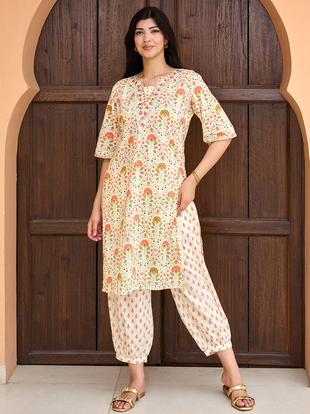 Off White Printed Cotton Straight Kurta Set