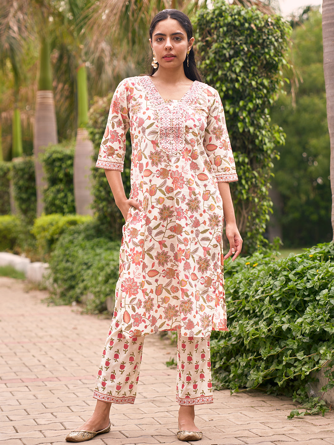 Off White Printed Cotton Kurta Set