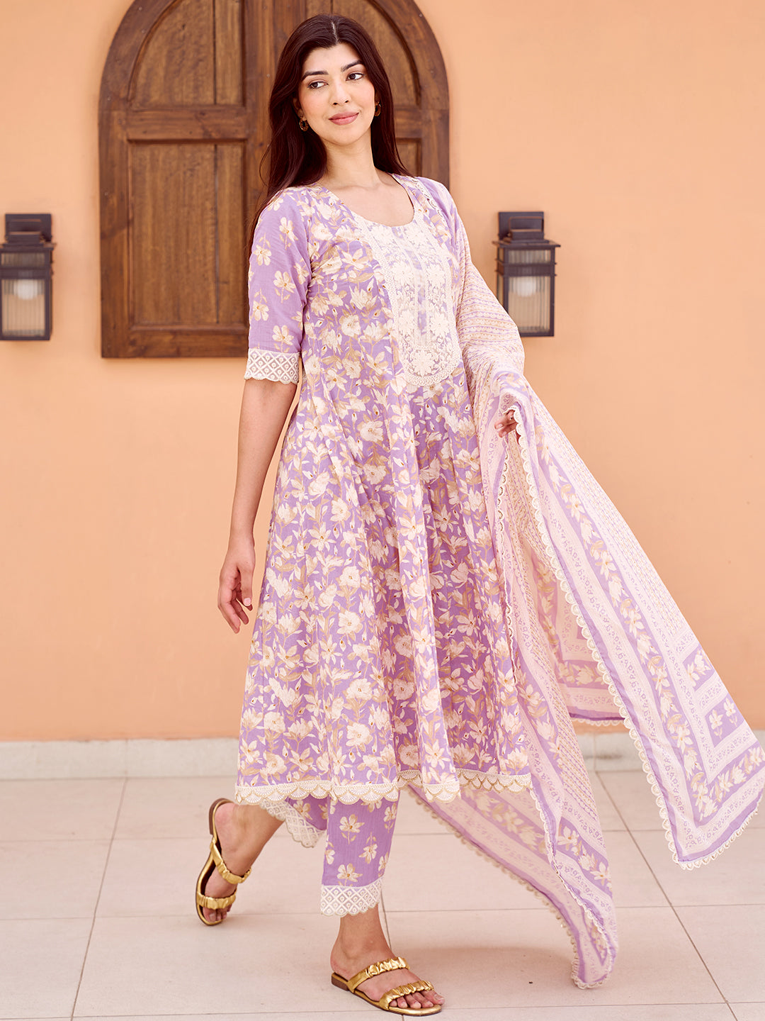 Dilbaro Purple Printed Cotton A-Line Kurta With Trousers & Dupatta