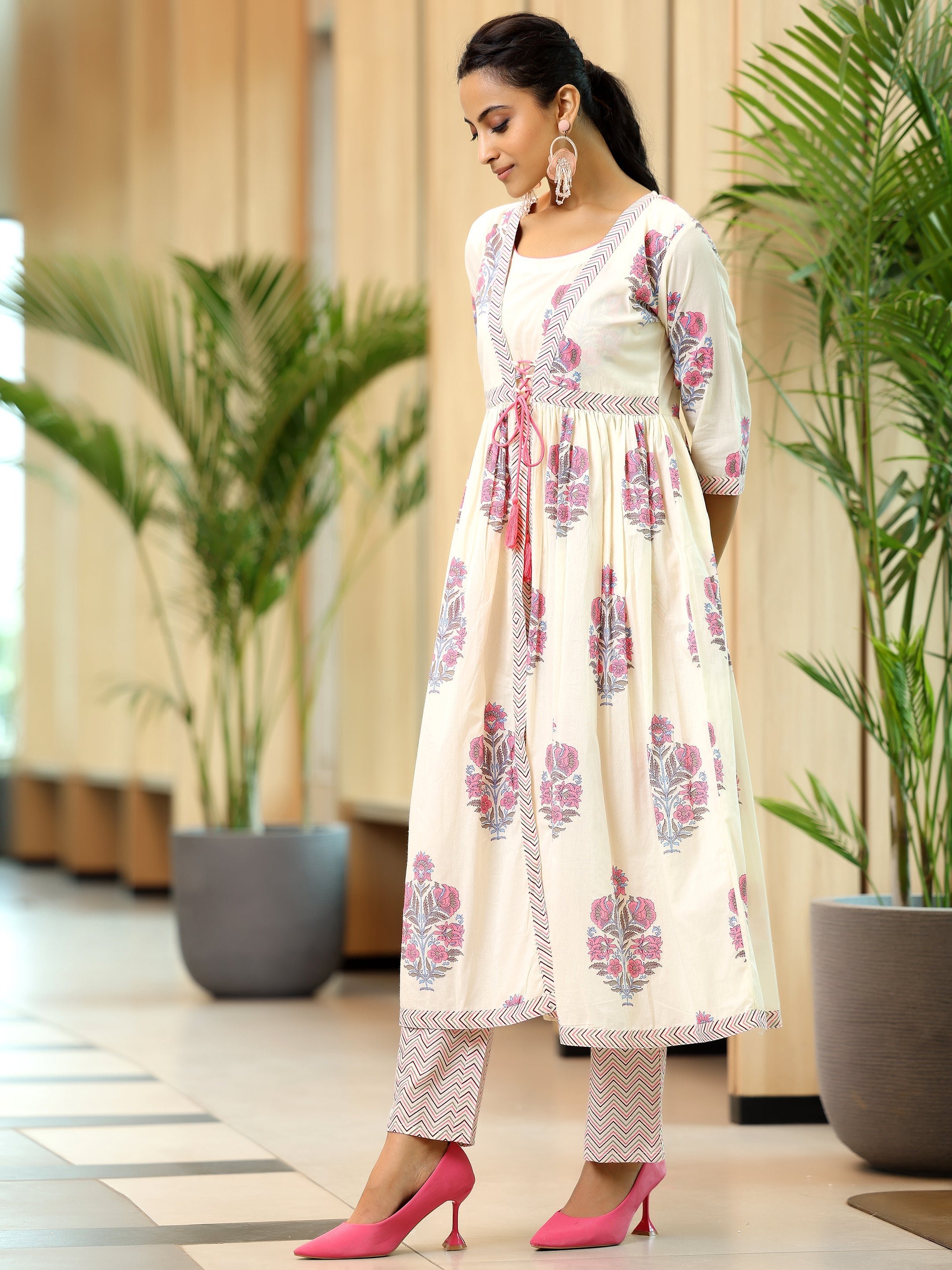 Off white Printed Cotton Straight Kurta Set