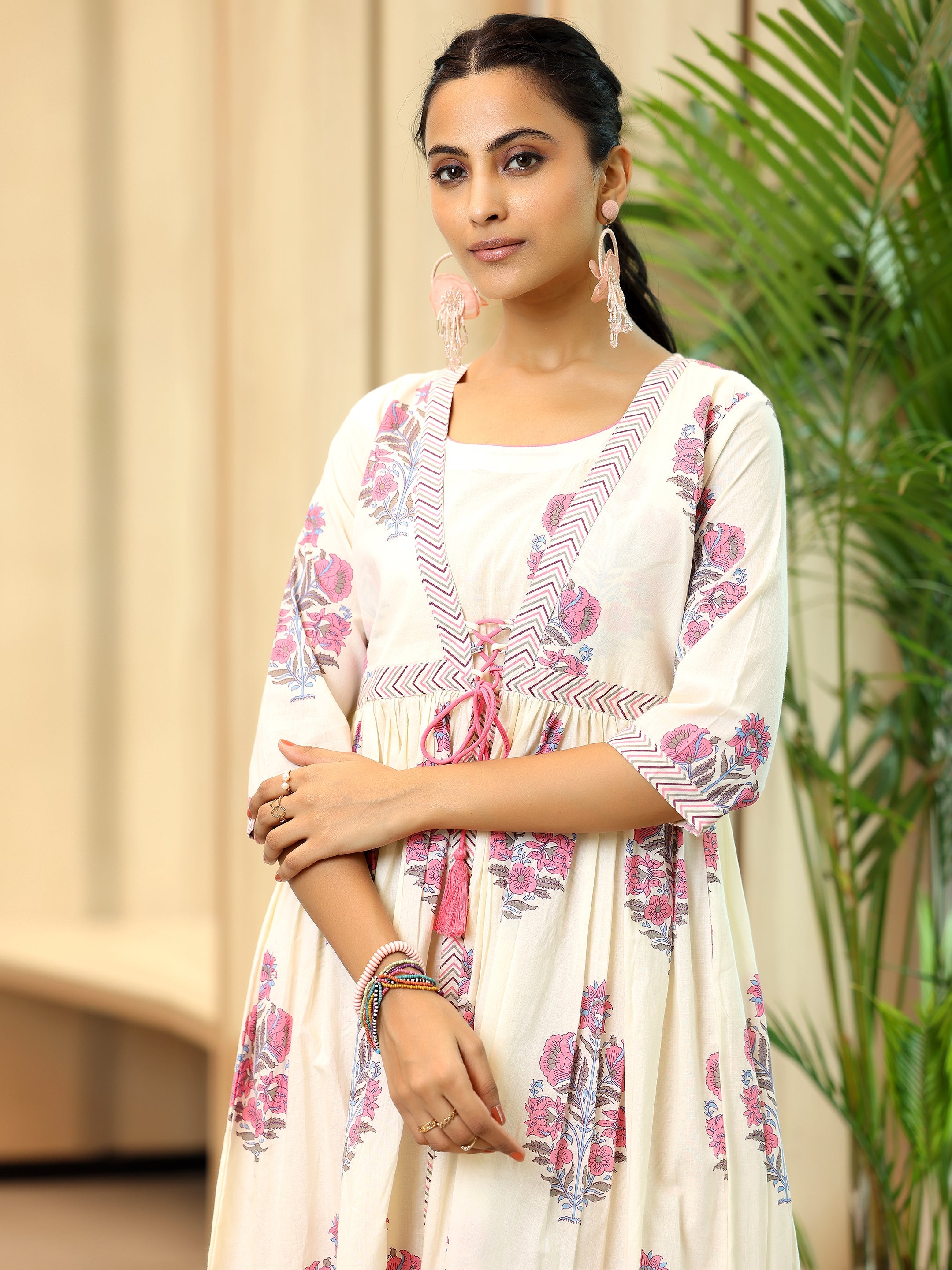 Off white Printed Cotton Straight Kurta Set