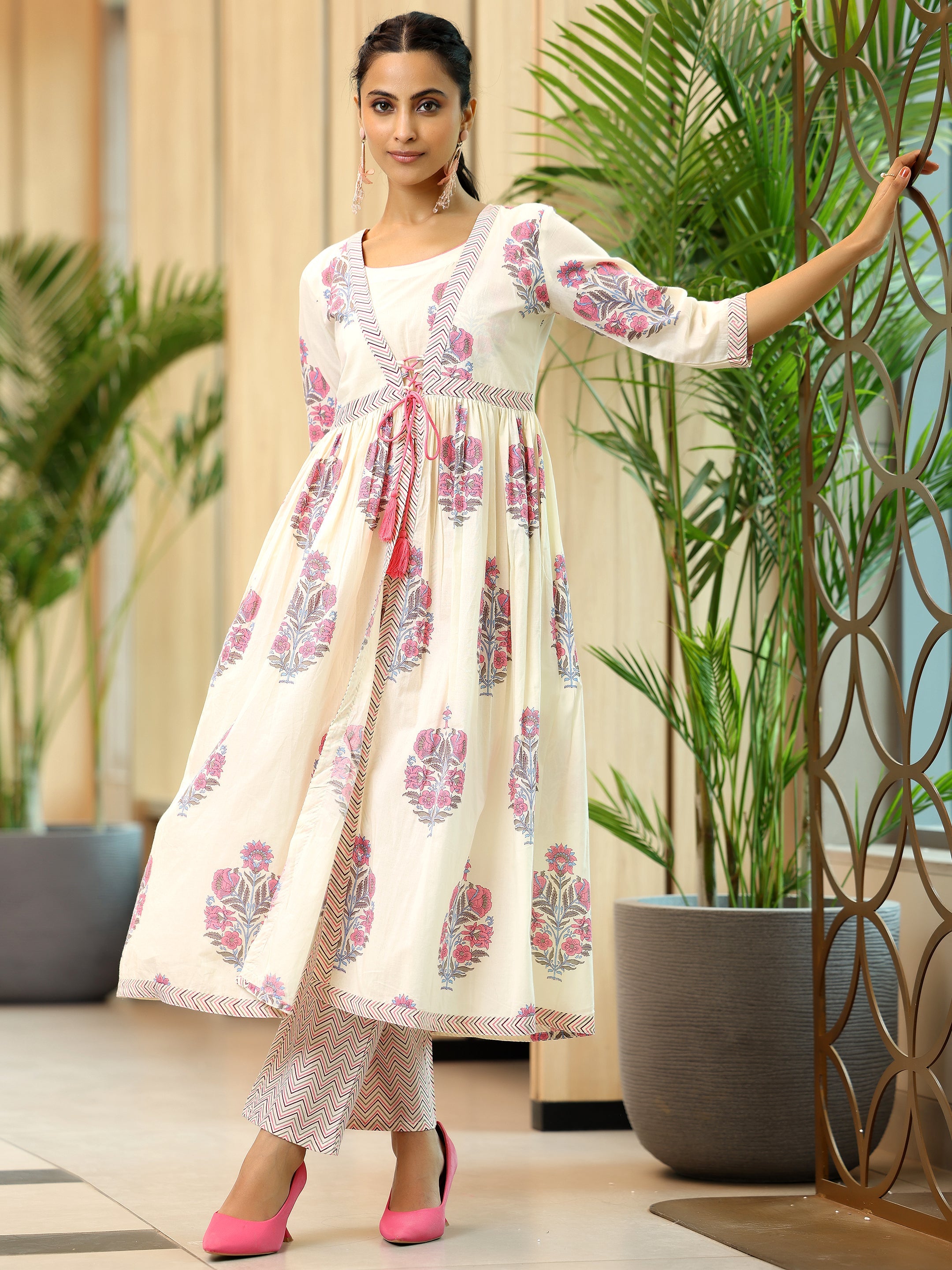 Off white Printed Cotton Straight Kurta Set