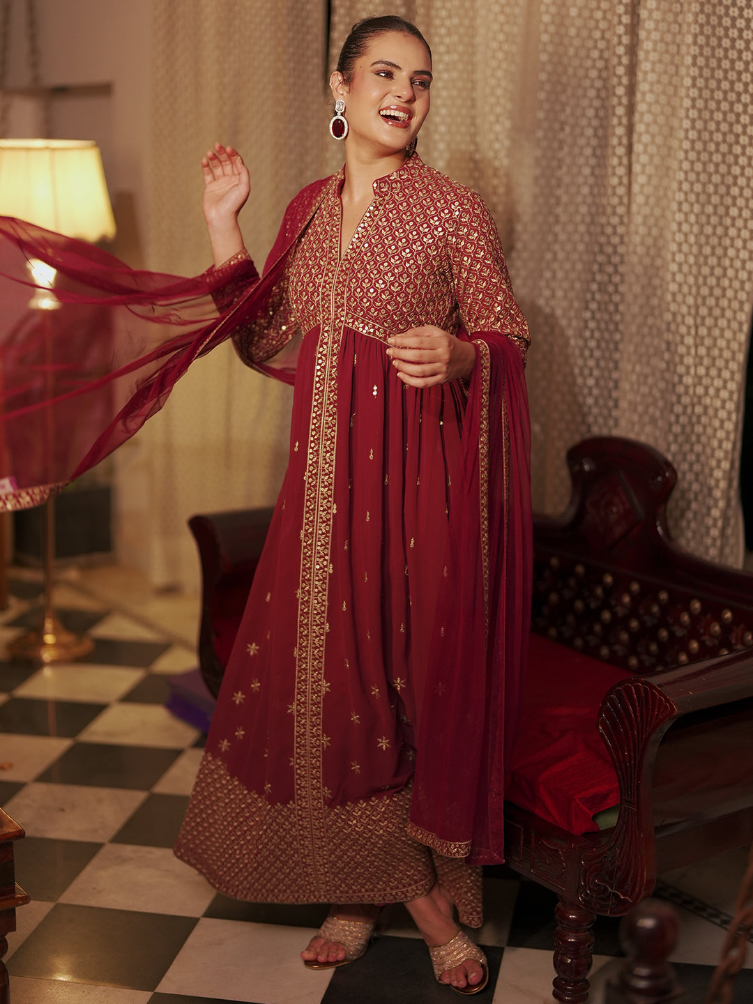 Chandni Mauve Embroidered Georgette A-Line Kurta With Trousers & Dupatta