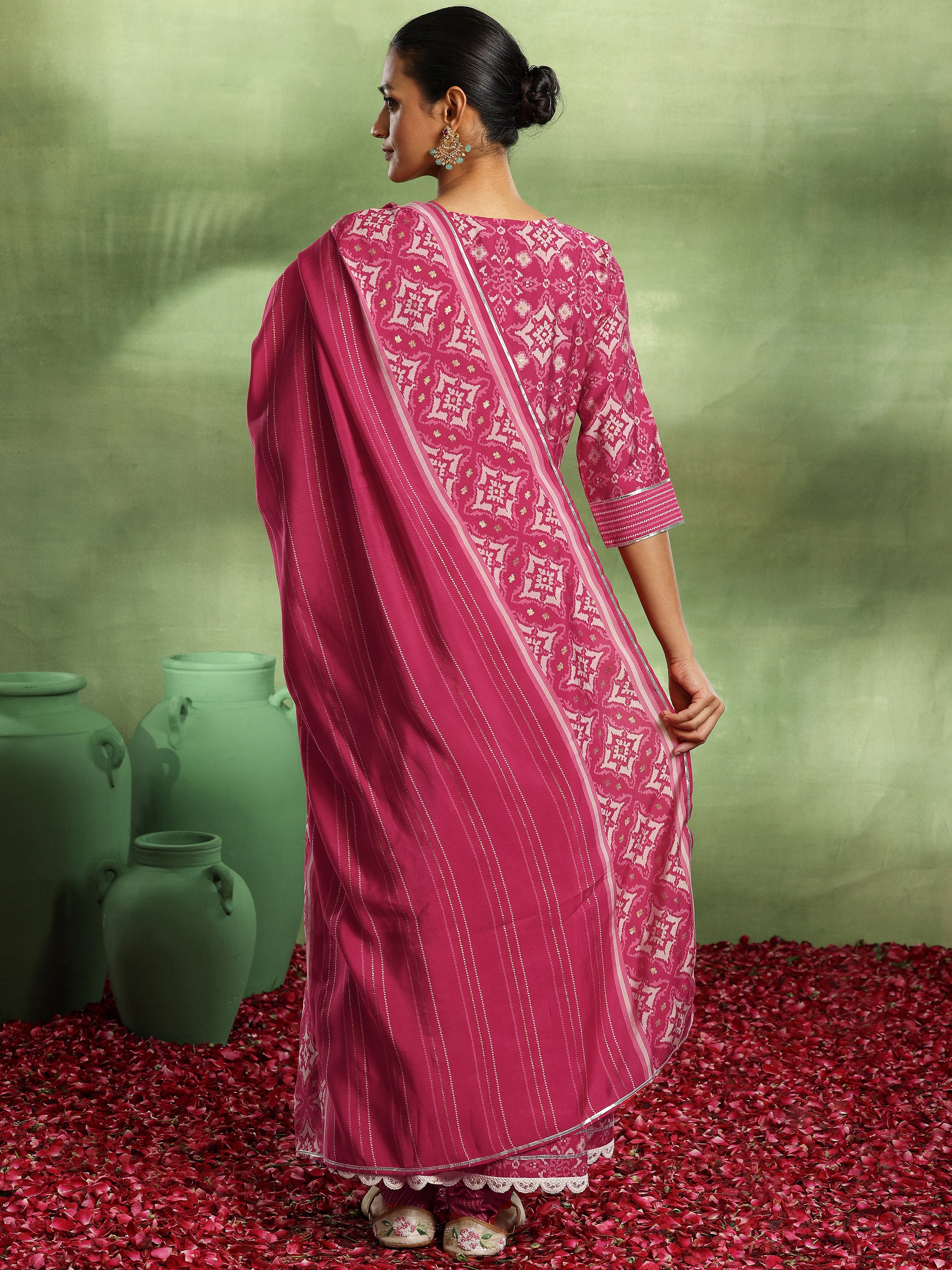 Pink Printed Silk Blend Anarkali Suit With Dupatta