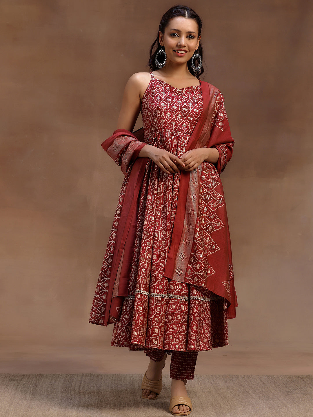 Rust Printed Silk Blend Anarkali Suit With Dupatta