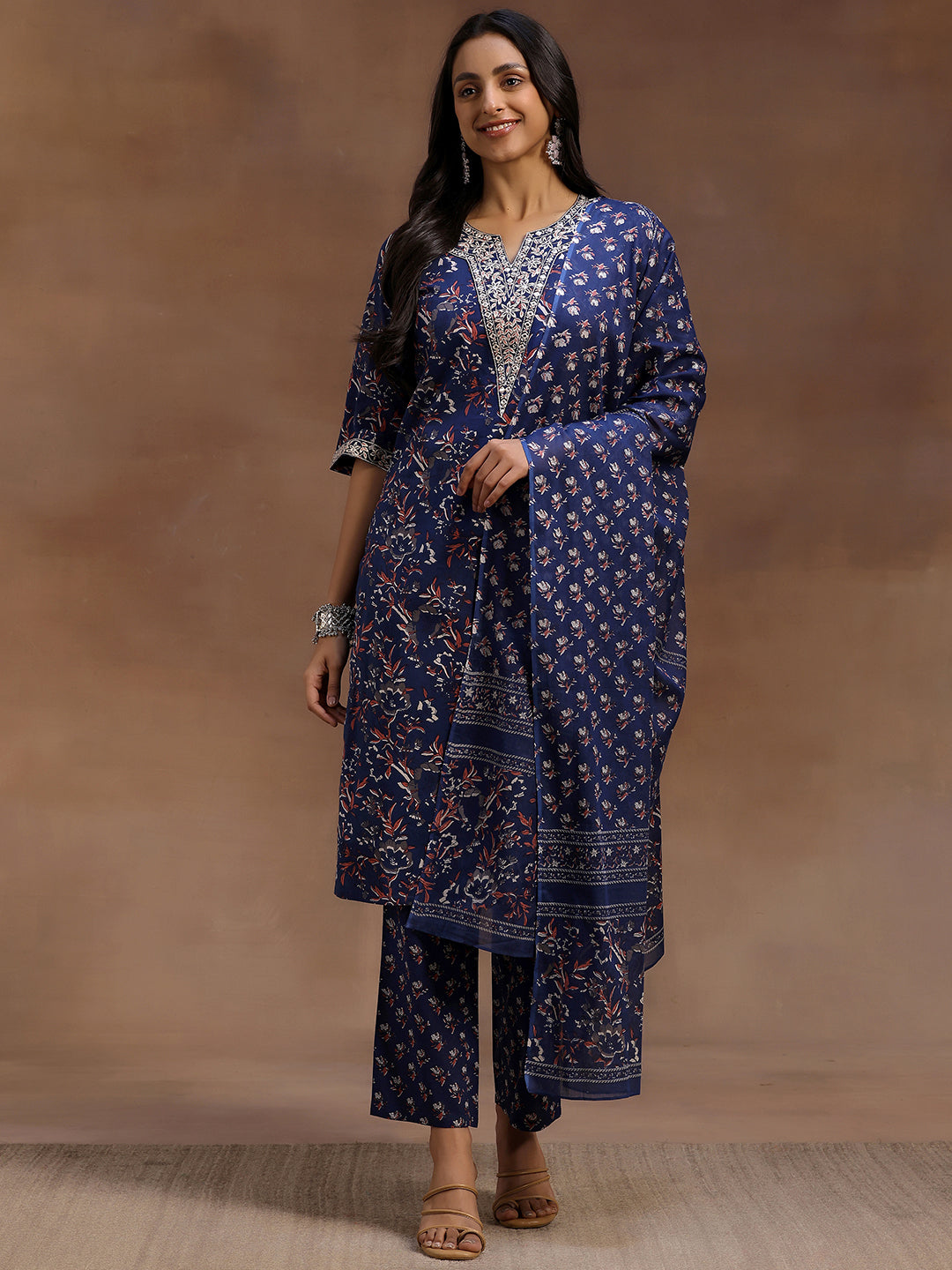 Blue Printed Cotton Straight Suit With Dupatta