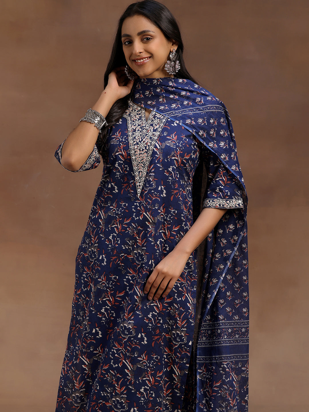 Blue Printed Cotton Straight Suit With Dupatta