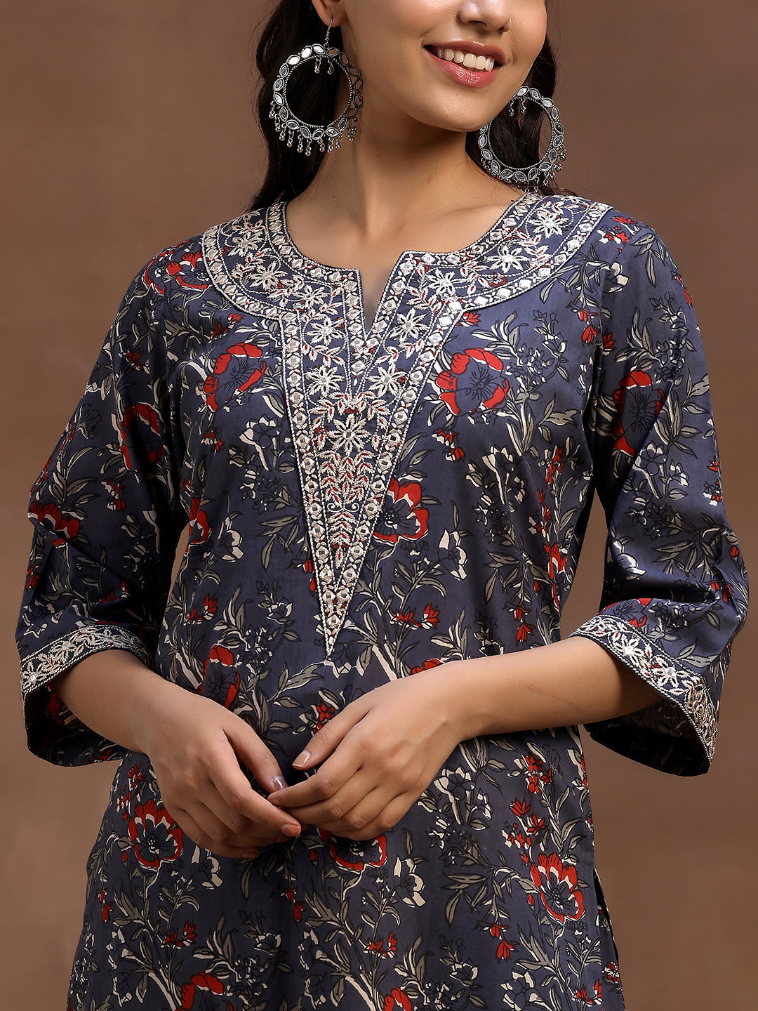 Grey Printed Cotton Straight Suit With Dupatta