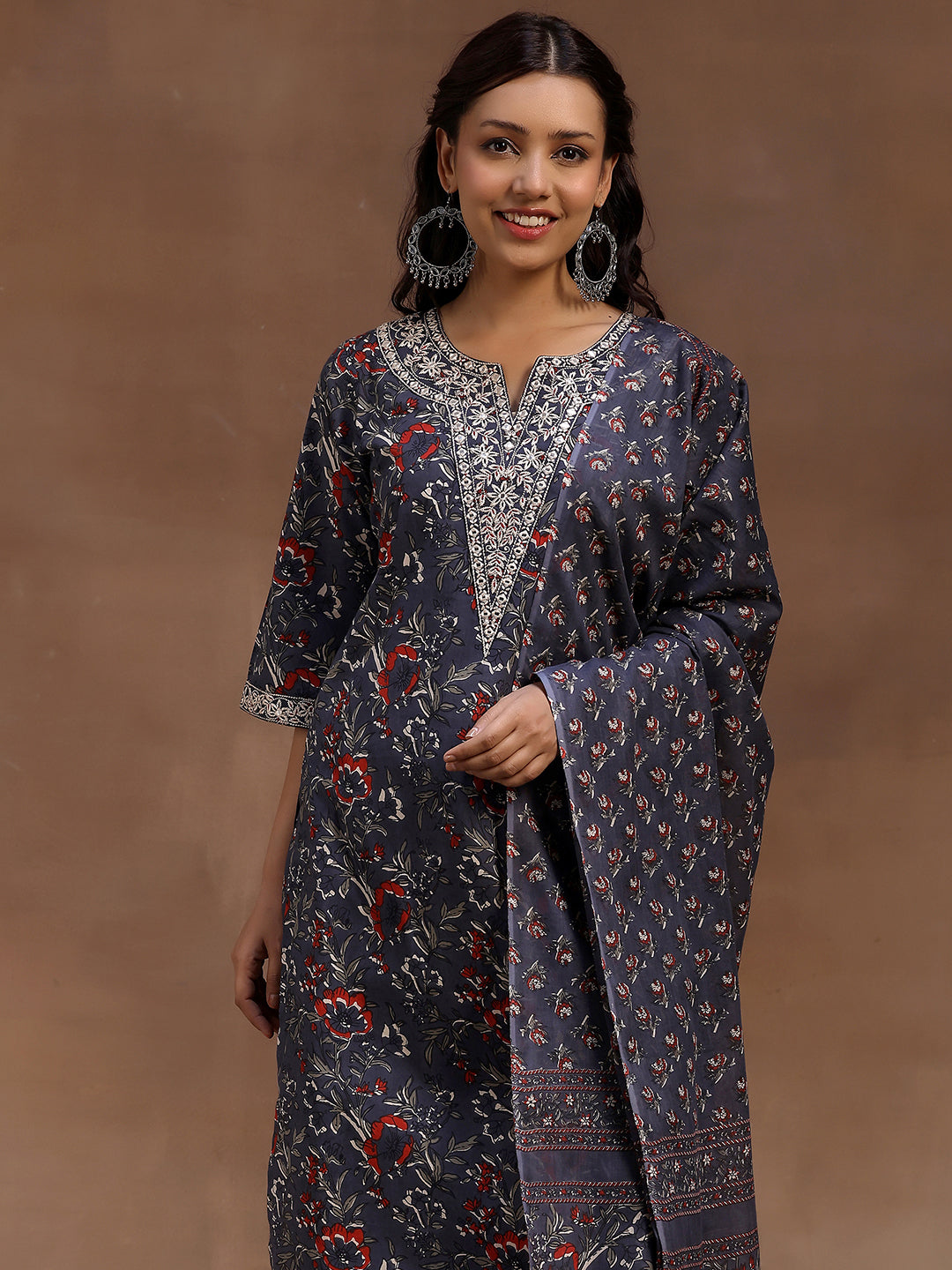 Grey Printed Cotton Straight Suit With Dupatta