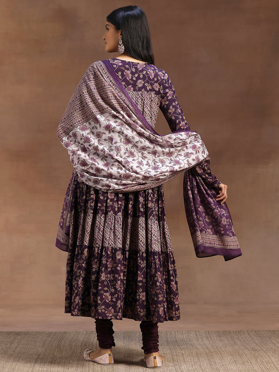 Purple Printed Cotton A-Line Kurta With Churidar & Dupatta