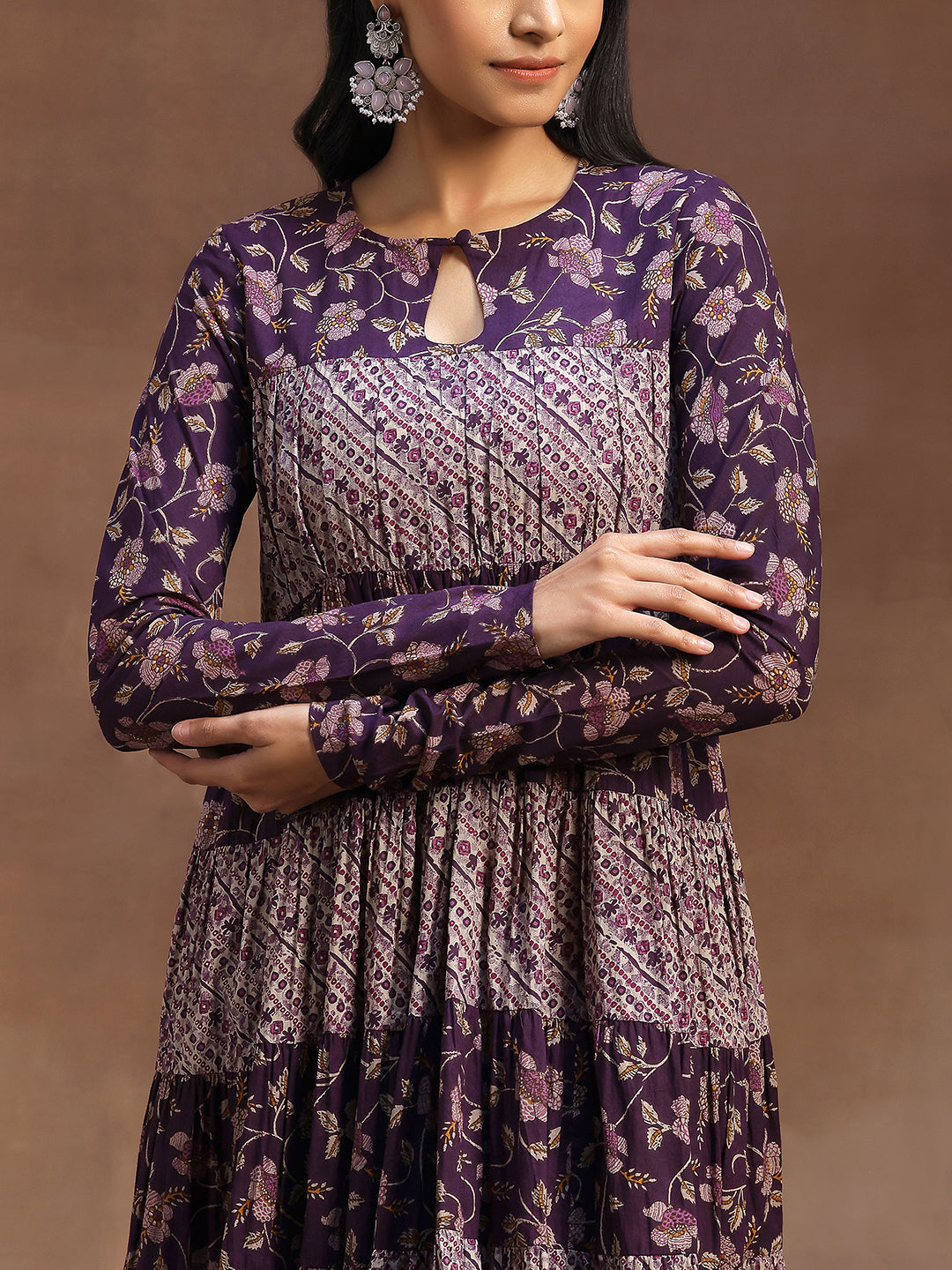 Purple Printed Cotton A-Line Kurta With Churidar & Dupatta