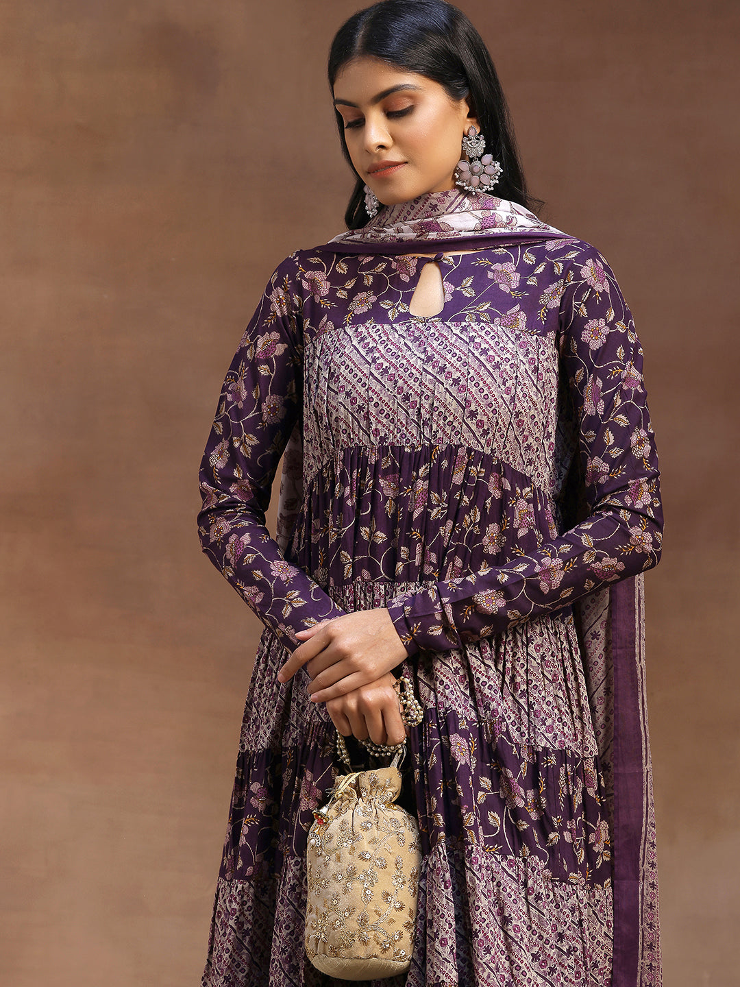 Purple Printed Cotton A-Line Kurta With Churidar & Dupatta