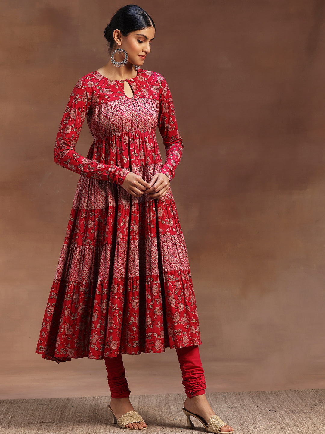 Pink Printed Cotton A-Line Kurta With Churidar & Dupatta