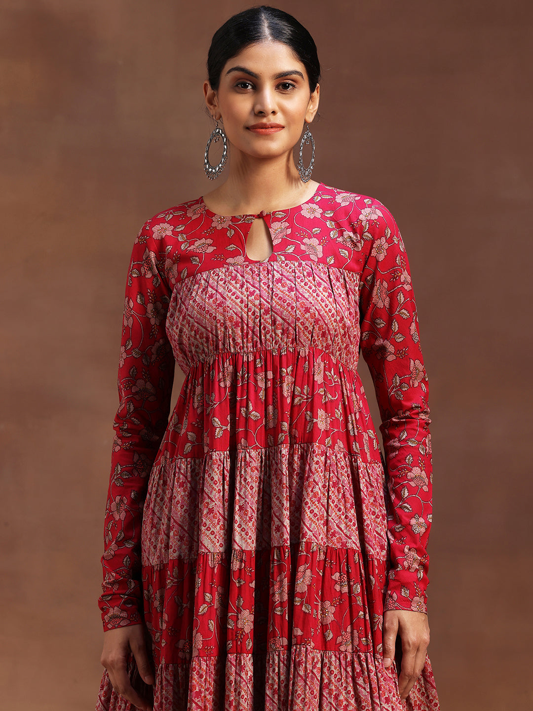 Pink Printed Cotton A-Line Kurta With Churidar & Dupatta