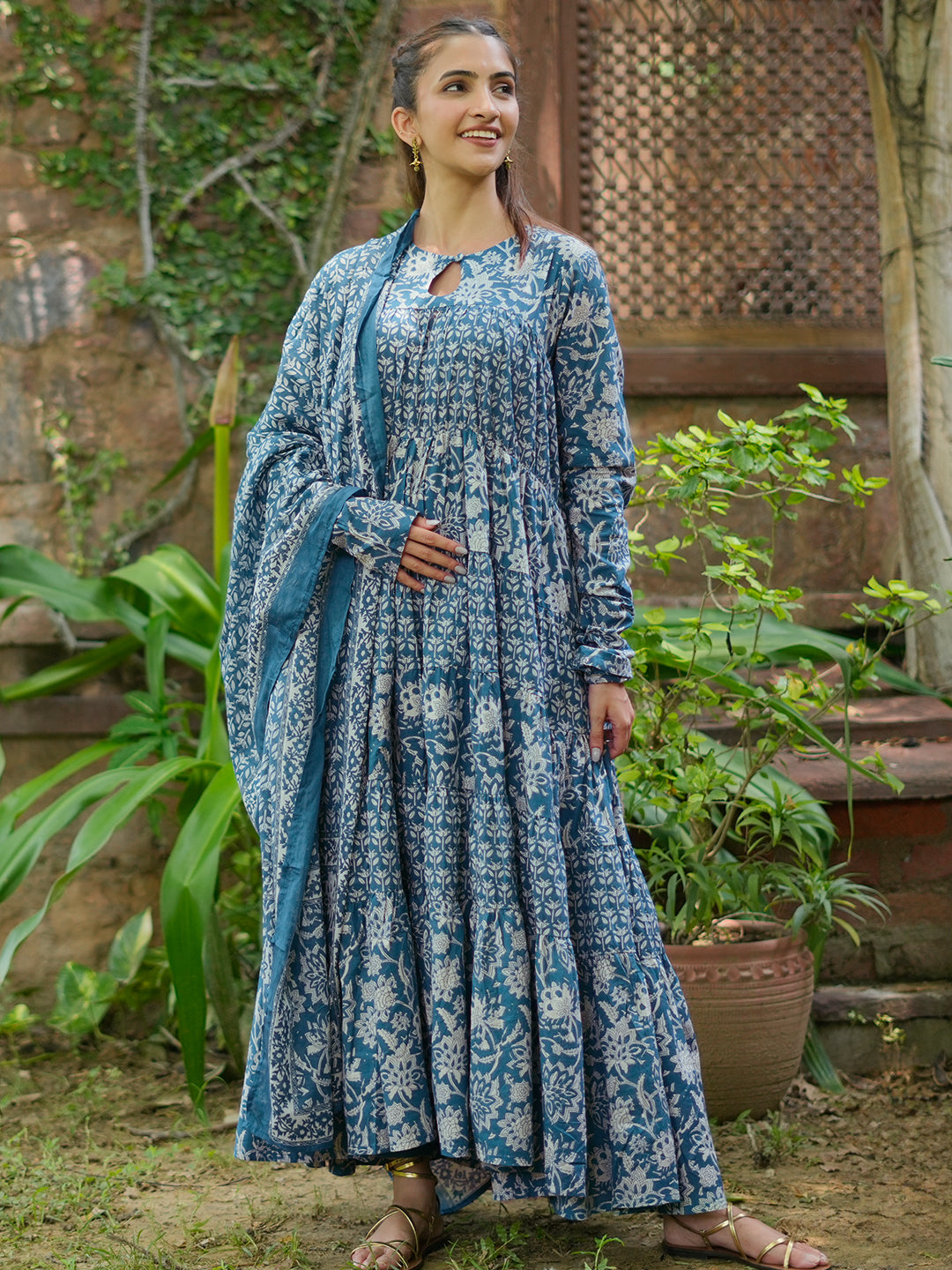 Blue Printed Cotton A-Line Kurta With Trousers & Dupatta