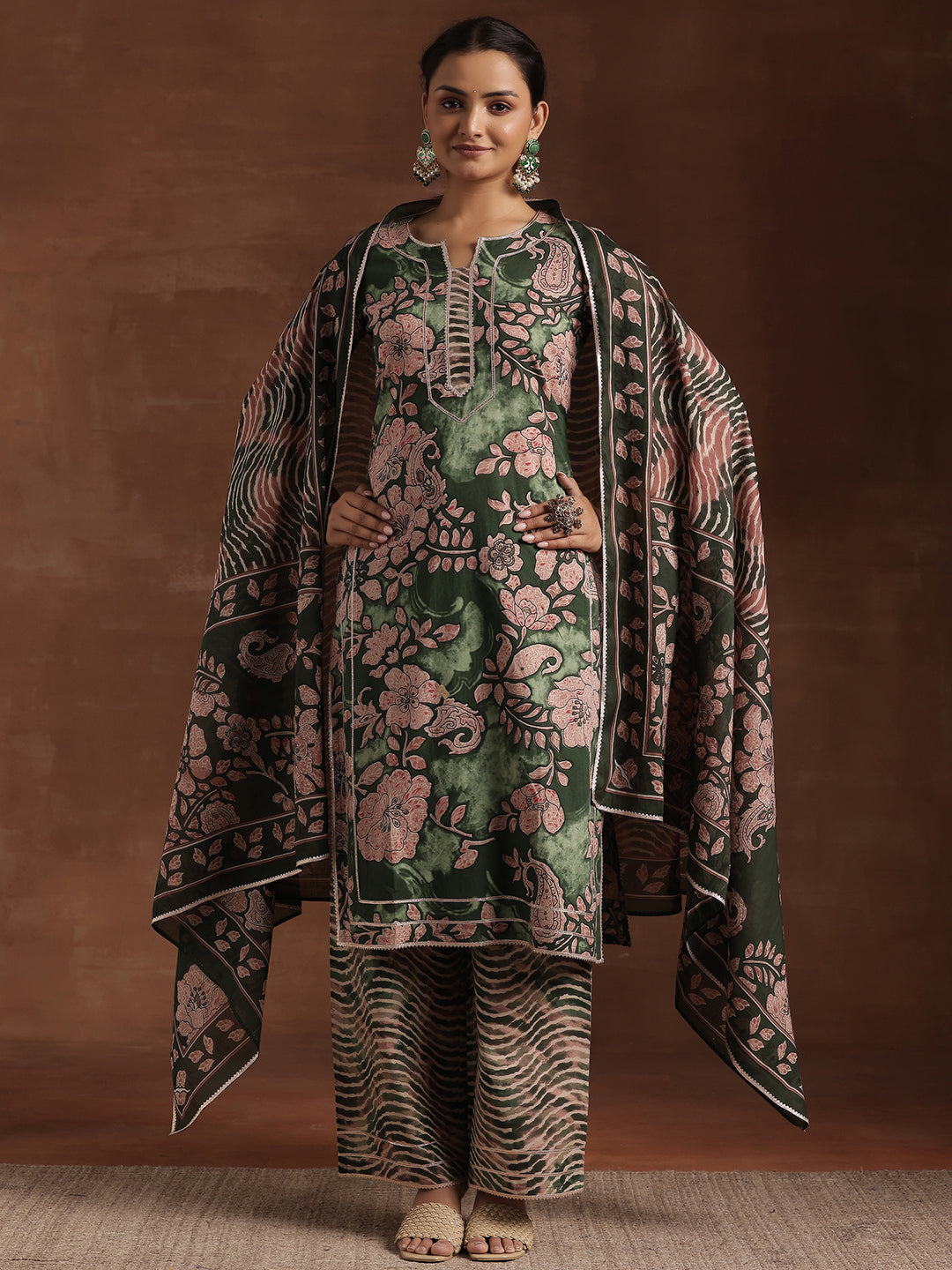 Green Printed Cotton Straight Suit With Dupatta