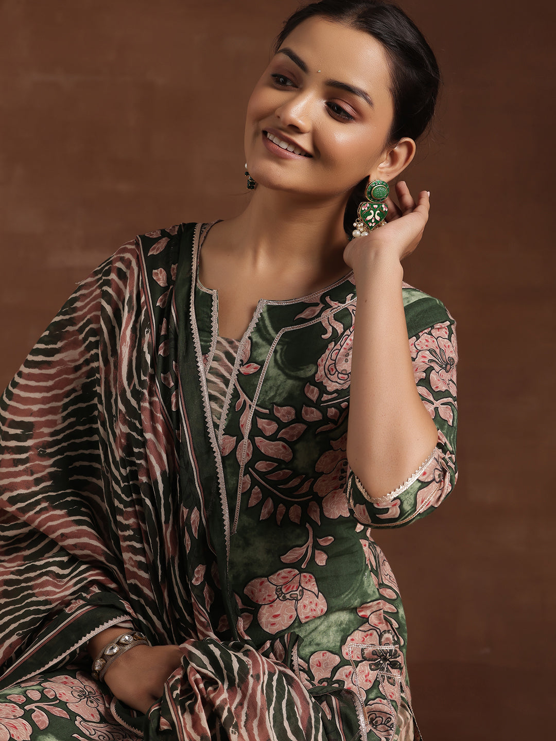 Green Printed Cotton Straight Suit With Dupatta