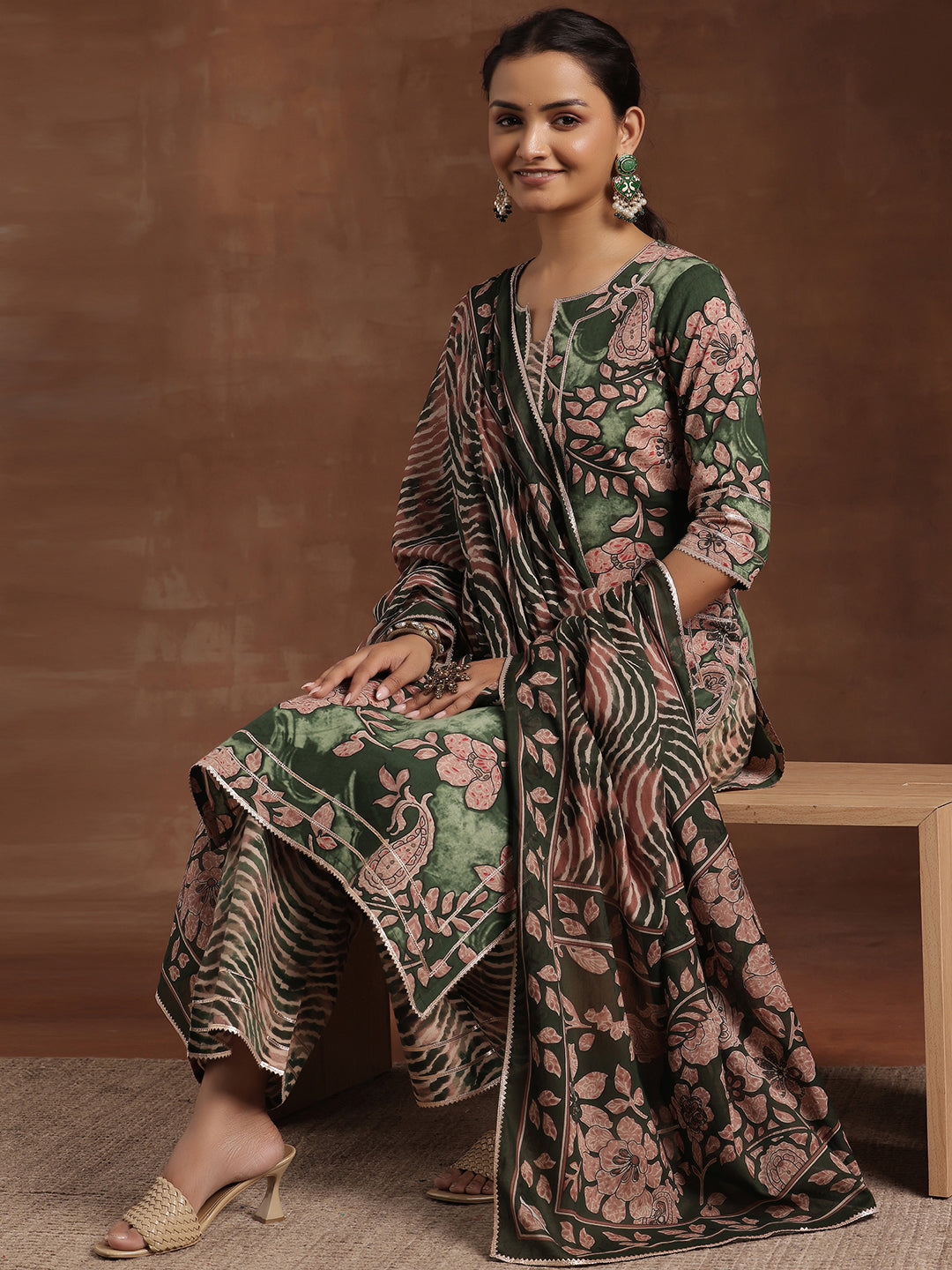 Green Printed Cotton Straight Suit With Dupatta