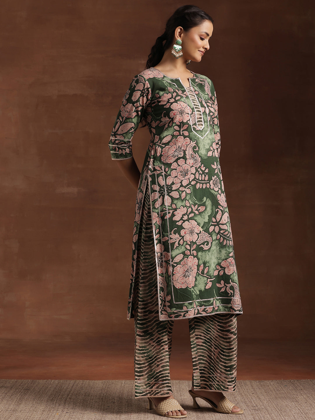 Green Printed Cotton Straight Suit With Dupatta