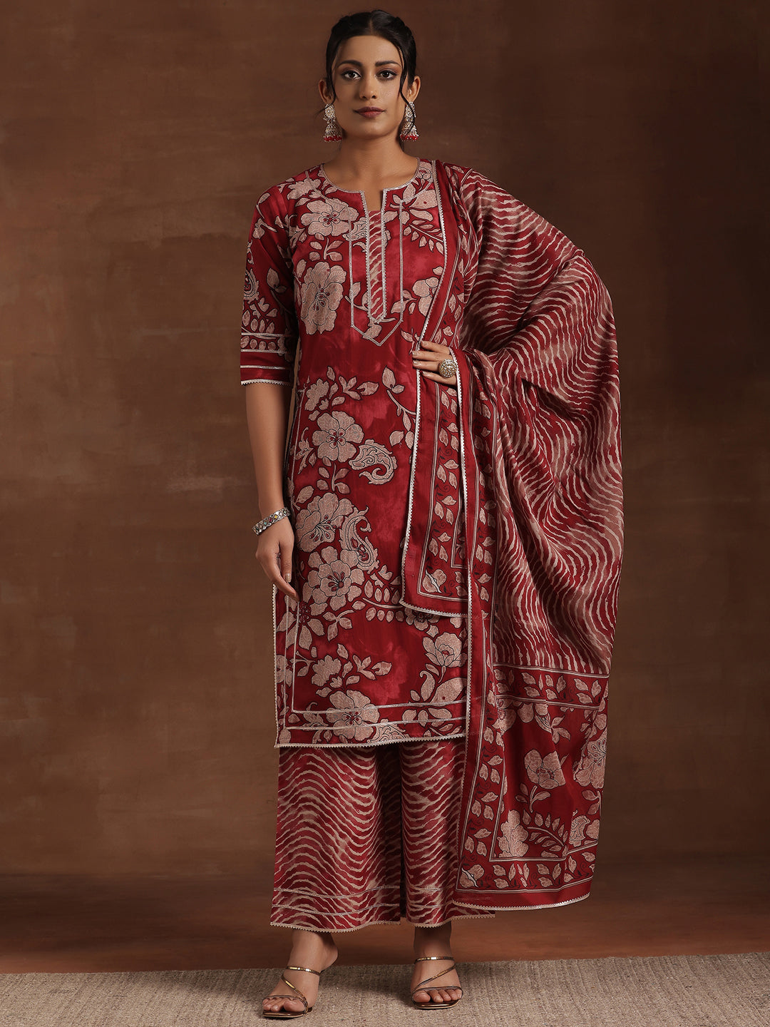 Rust Printed Cotton Straight Suit With Dupatta