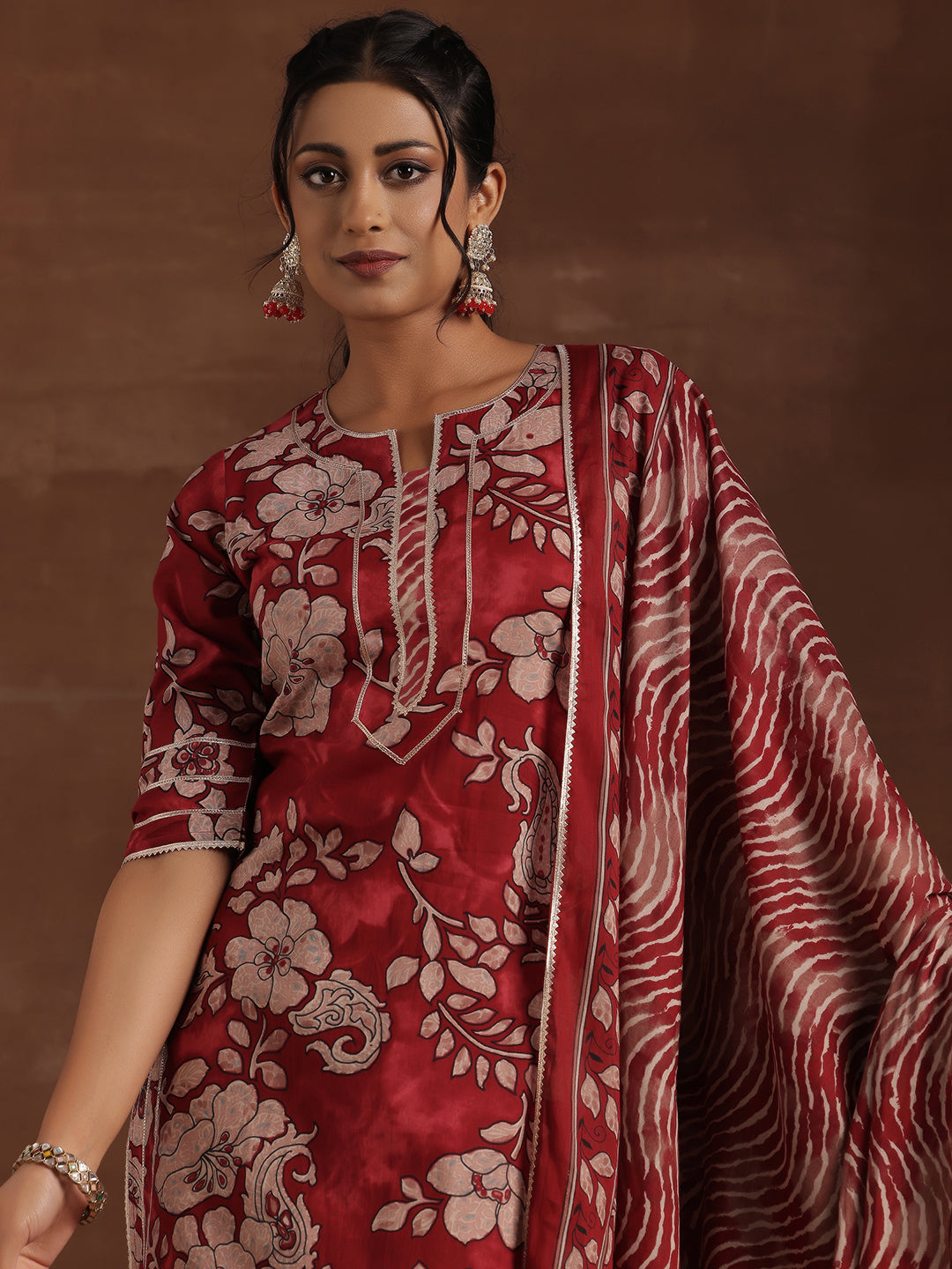 Rust Printed Cotton Straight Suit With Dupatta