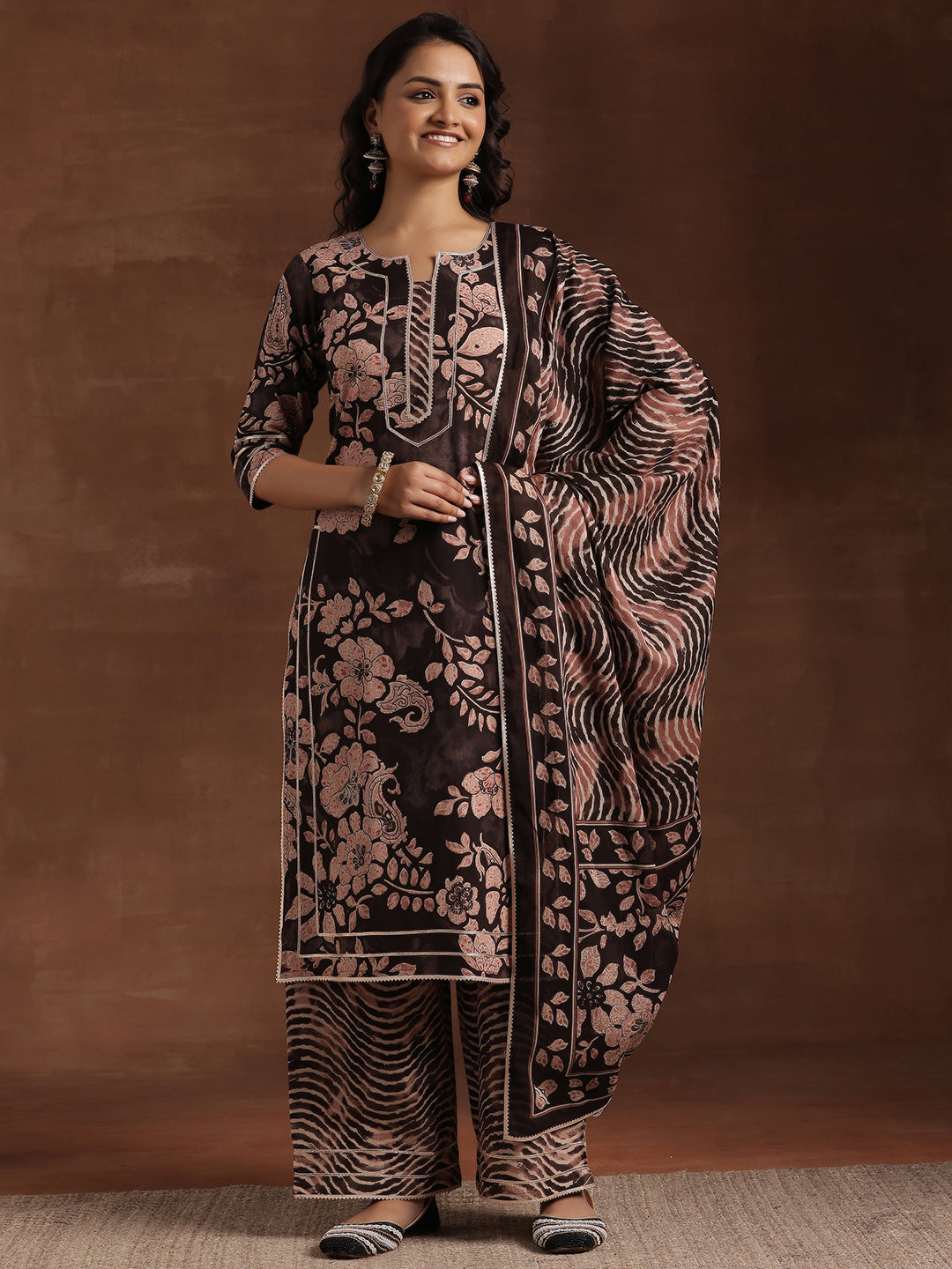 Black Printed Cotton Straight Suit With Dupatta