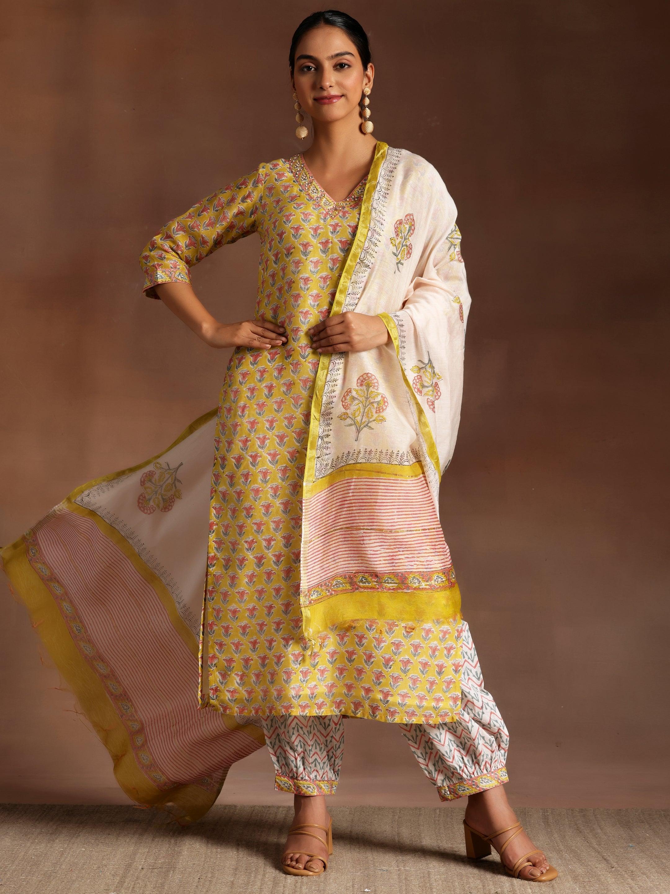 Yellow Printed Cotton Straight Suit With Dupatta