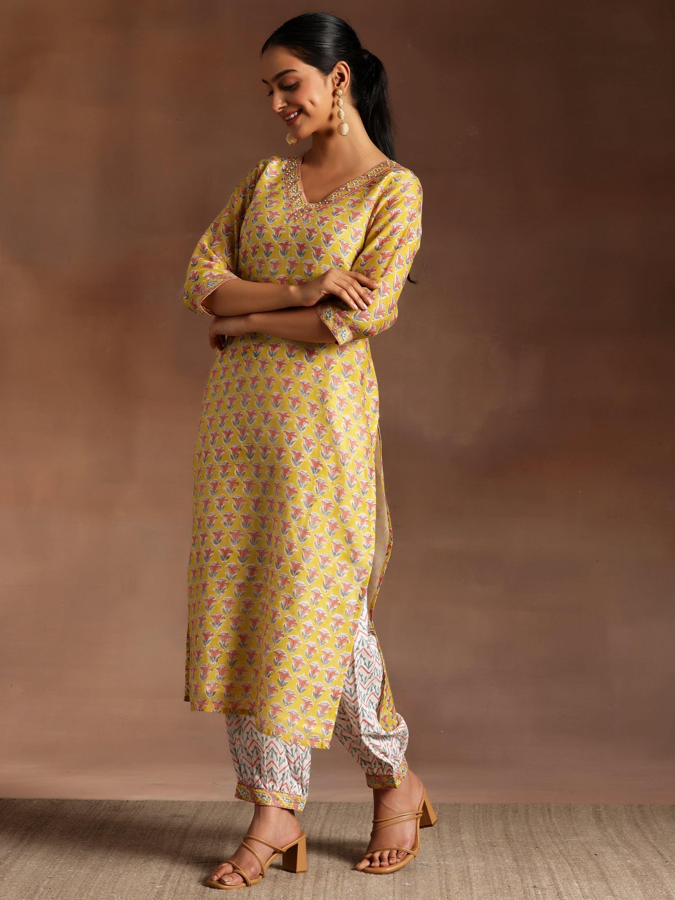 Yellow Printed Cotton Straight Suit With Dupatta