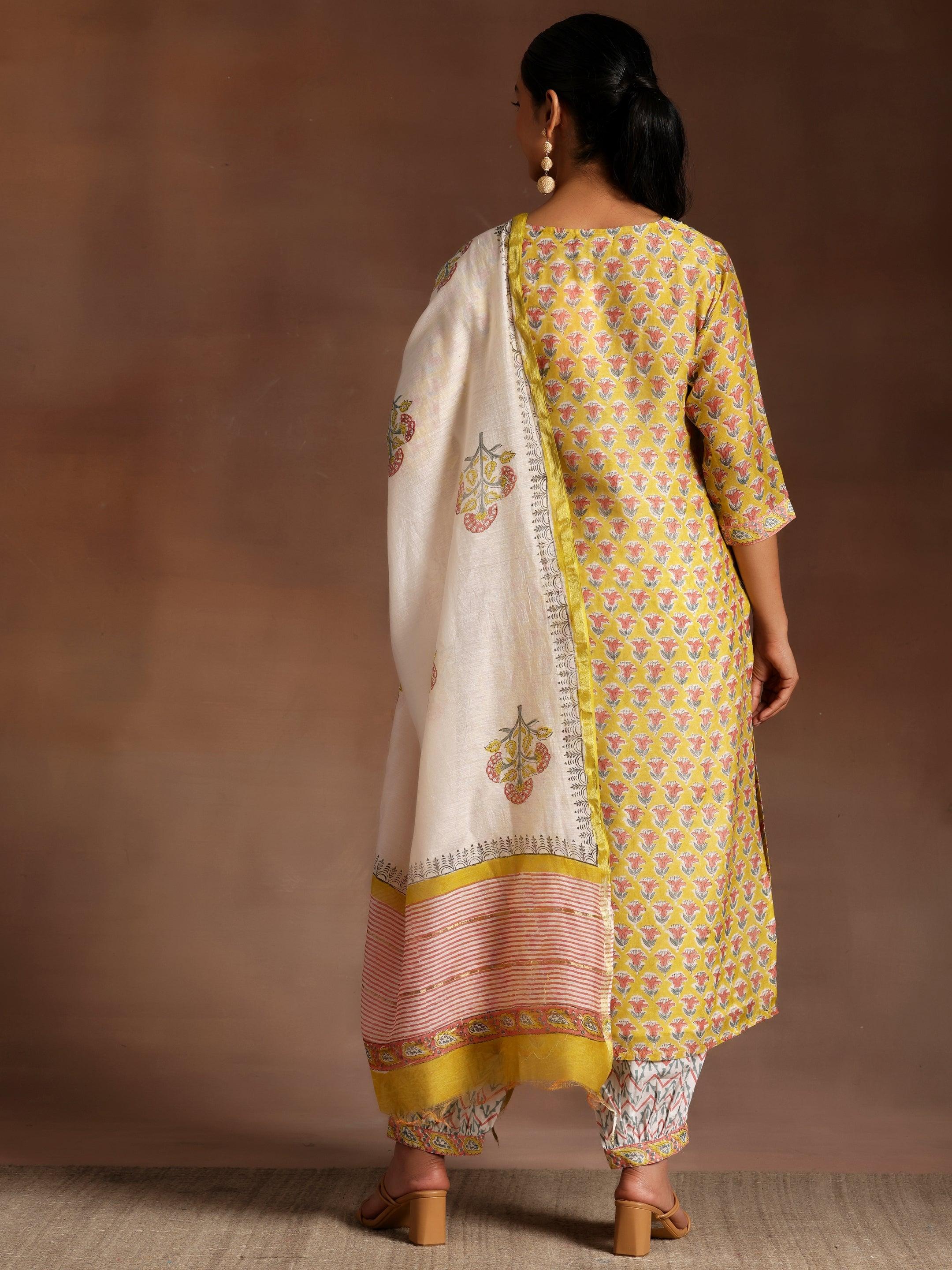 Yellow Printed Cotton Straight Suit With Dupatta