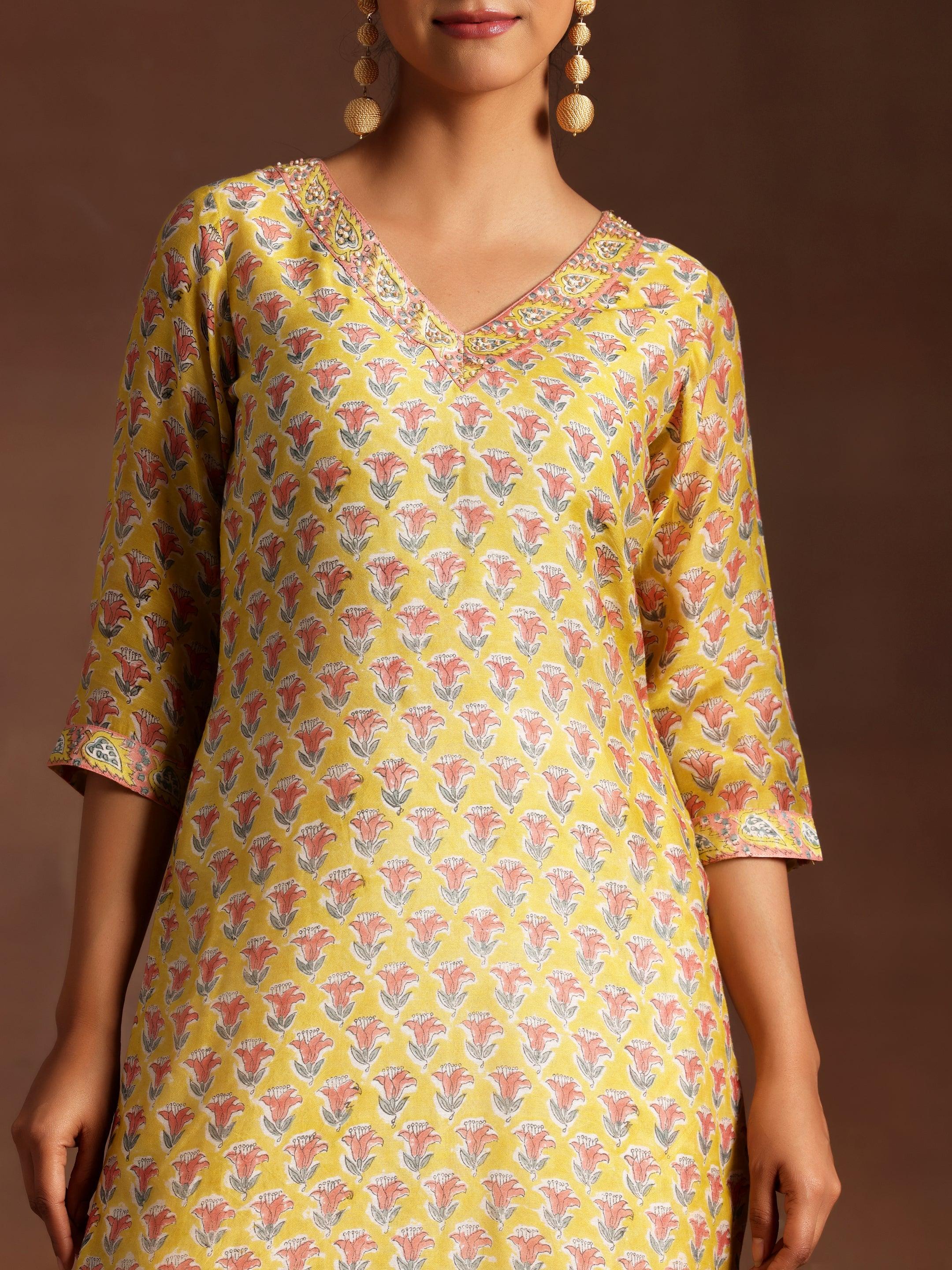 Yellow Printed Cotton Straight Suit With Dupatta