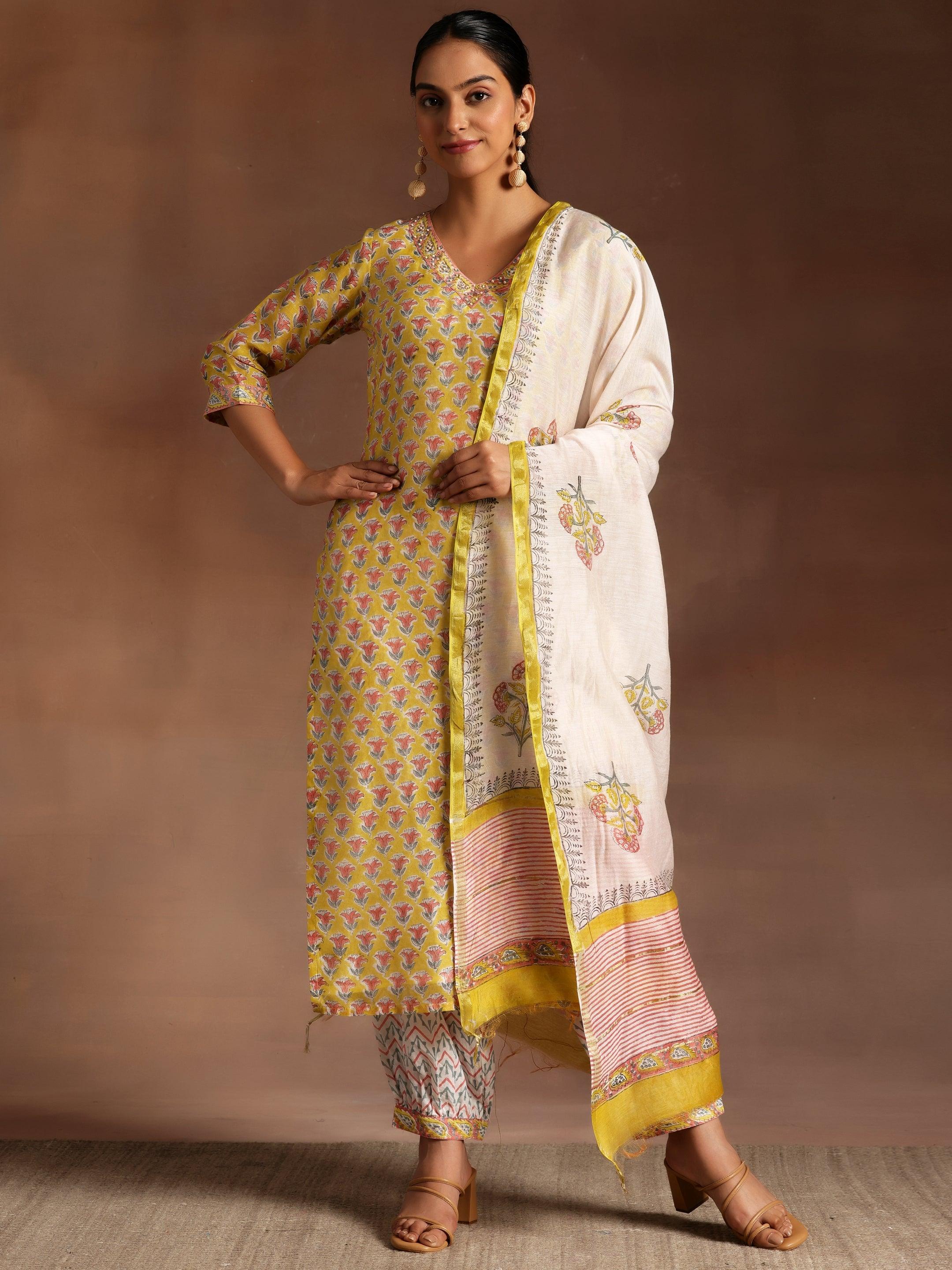 Yellow Printed Cotton Straight Suit With Dupatta