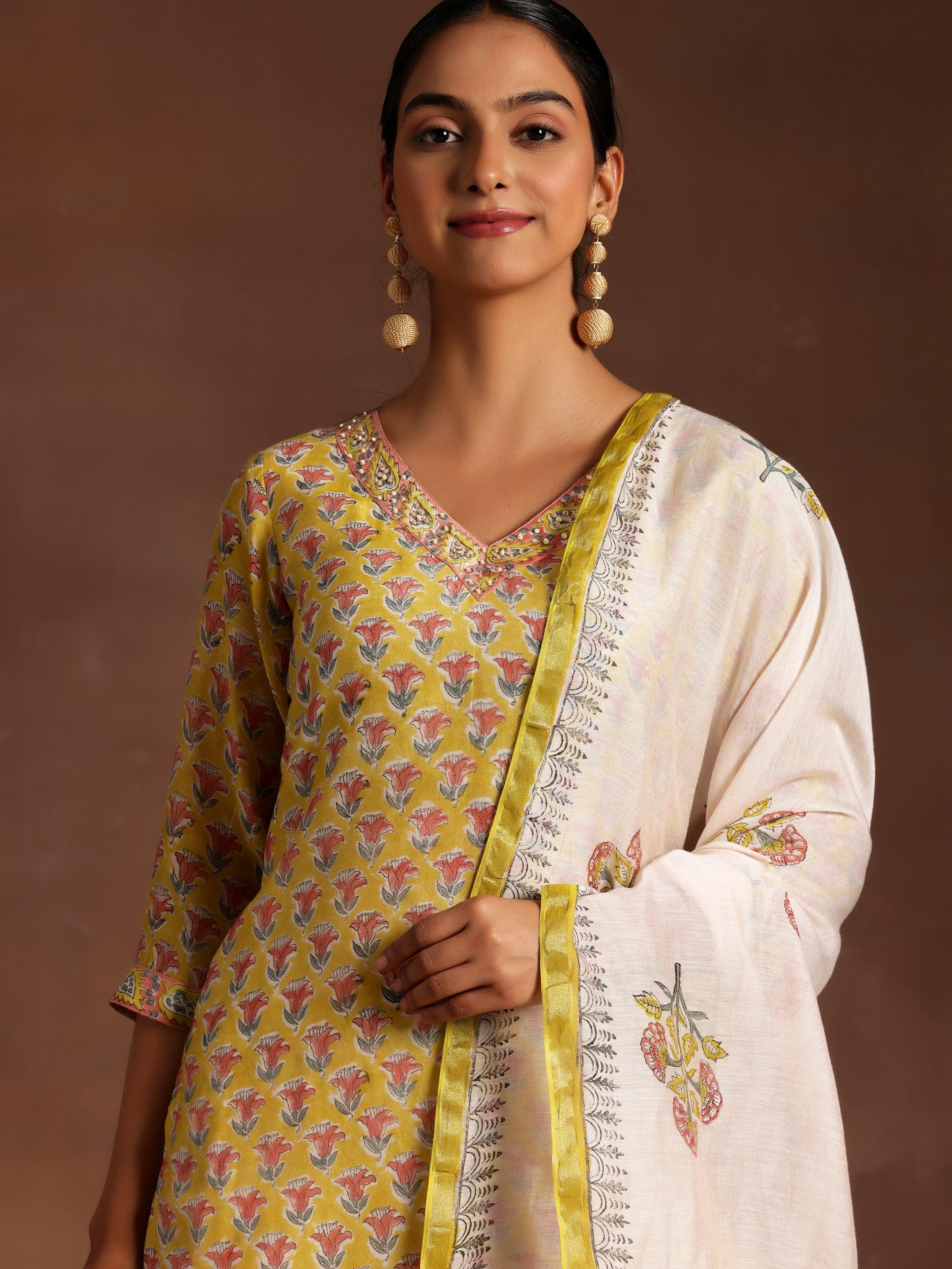 Yellow Printed Cotton Straight Suit With Dupatta