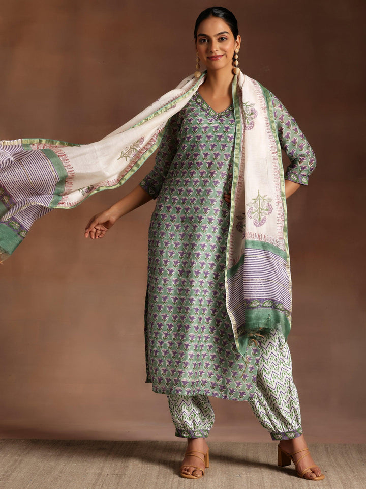 Dhara Green Printed Cotton Straight Kurta With Salwar & Dupatta - ShopLibas