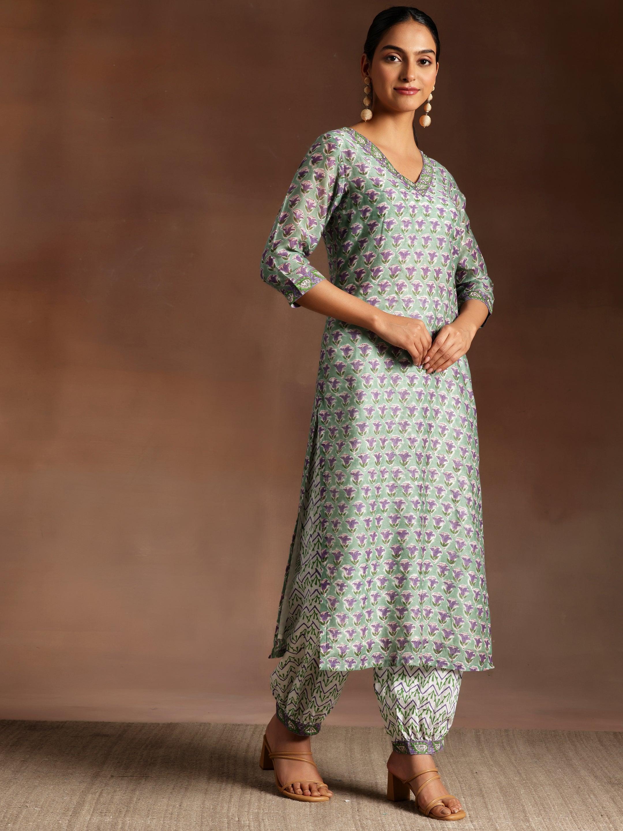 Green Printed Cotton Straight Suit With Dupatta