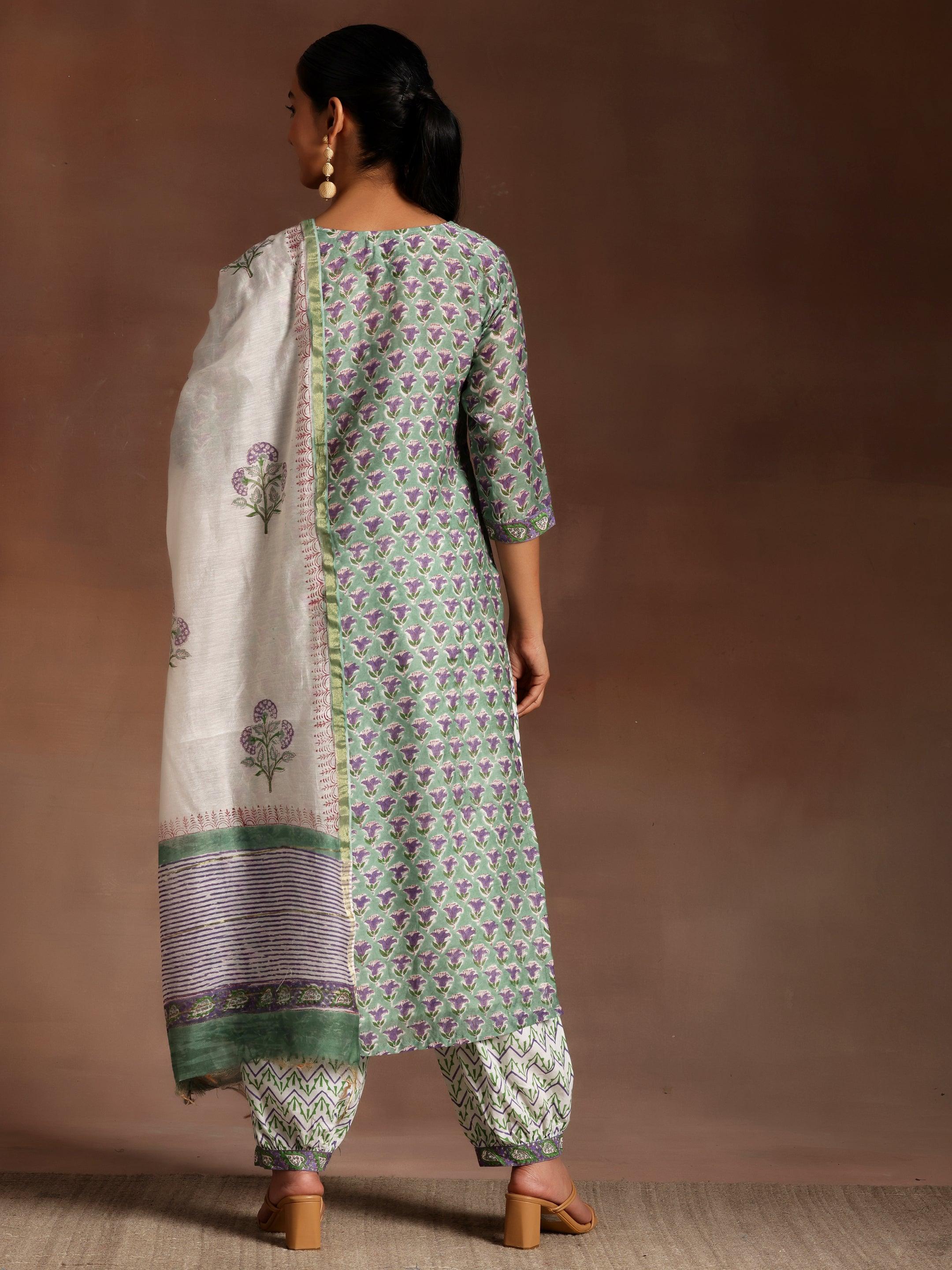 Green Printed Cotton Straight Suit With Dupatta