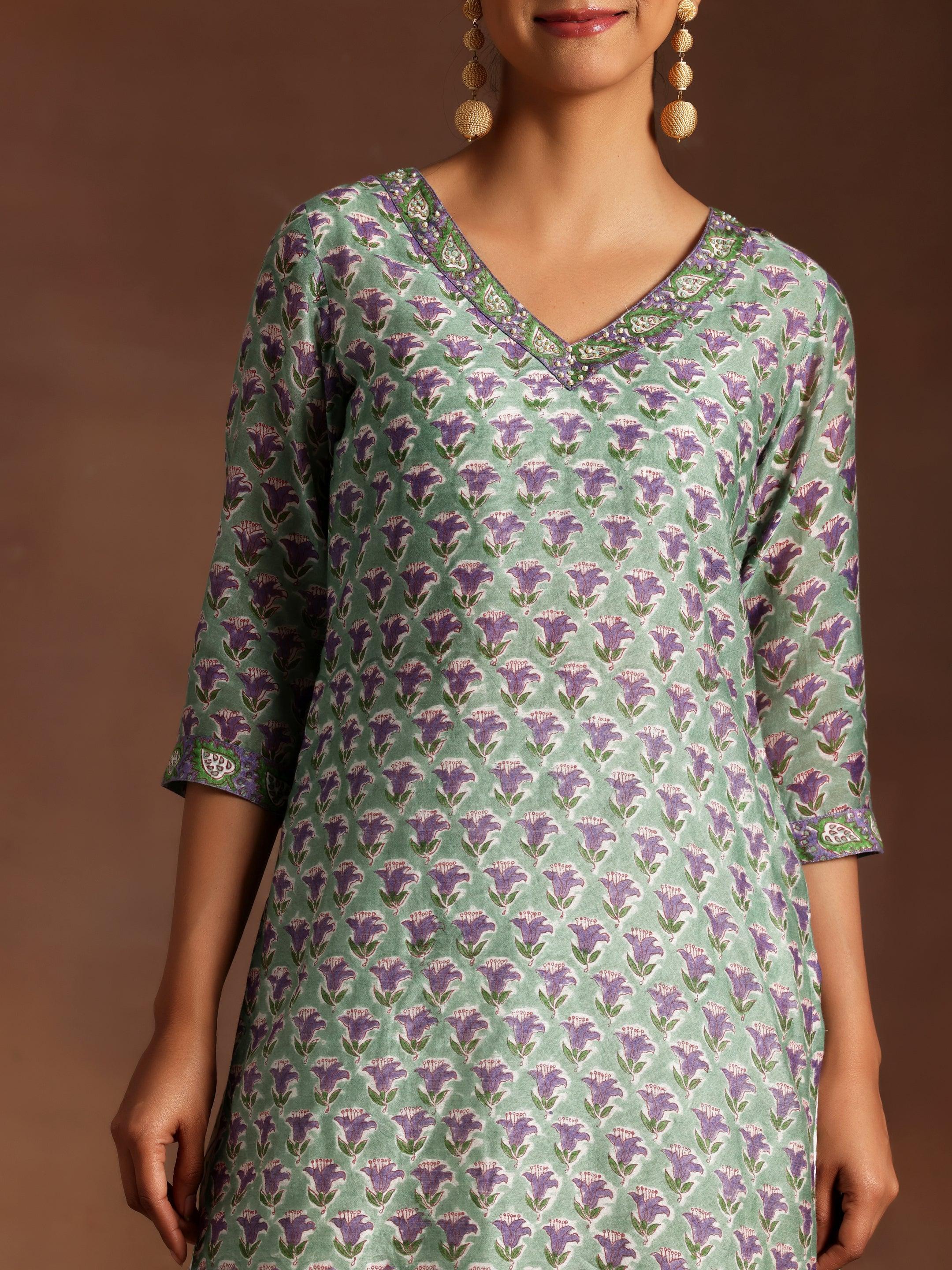 Green Printed Cotton Straight Suit With Dupatta