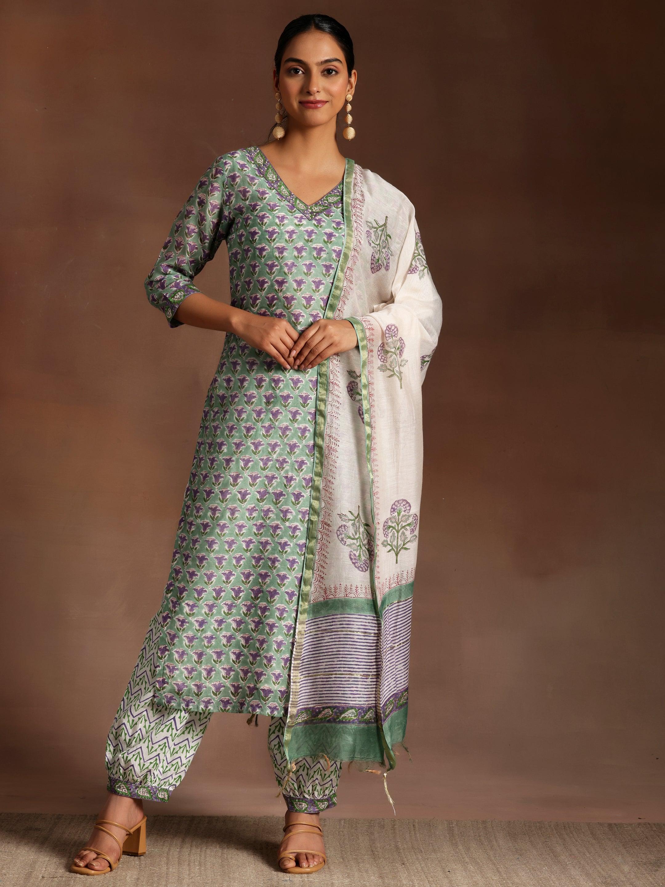 Green Printed Cotton Straight Suit With Dupatta