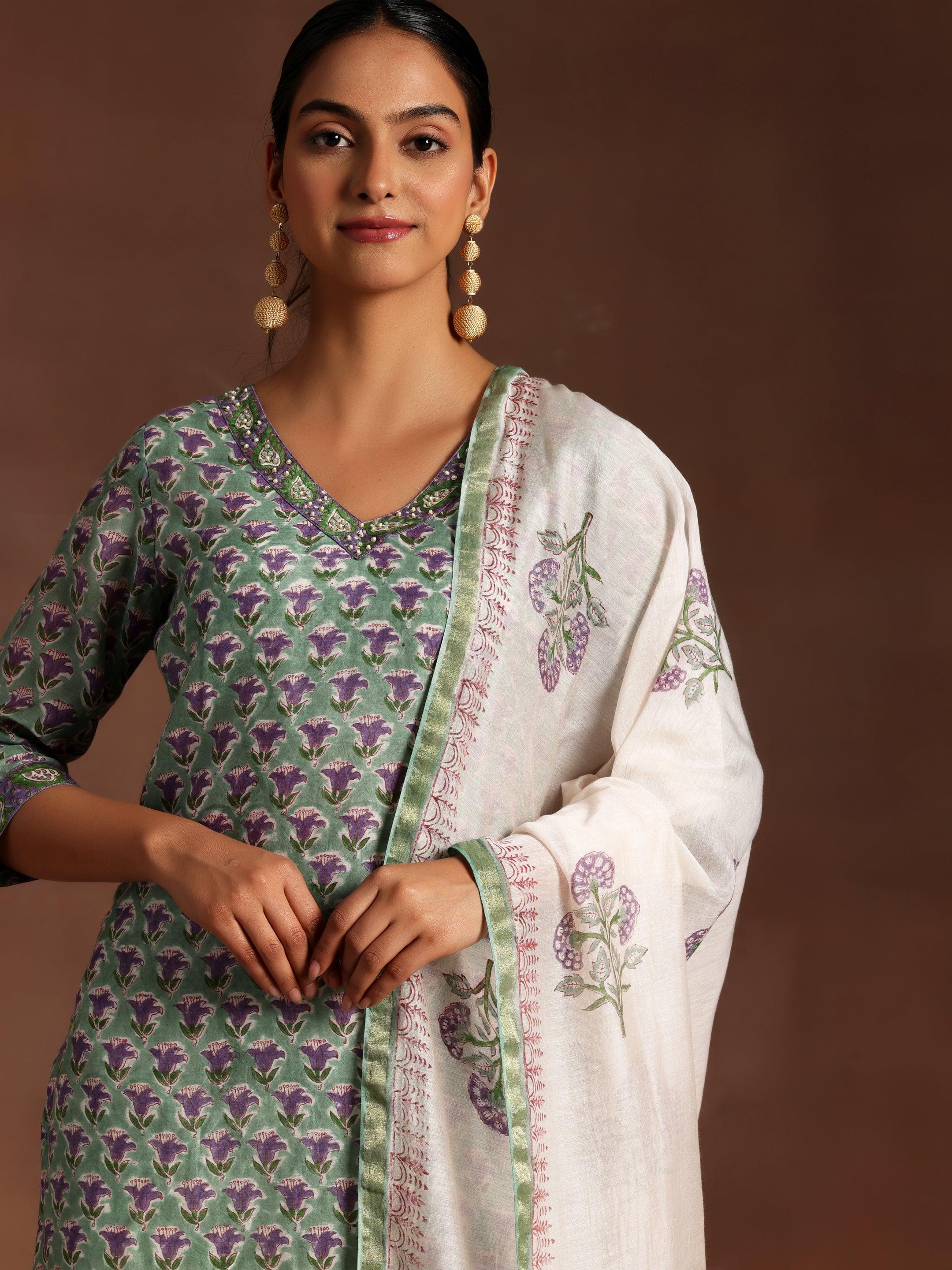 Green Printed Cotton Straight Suit With Dupatta