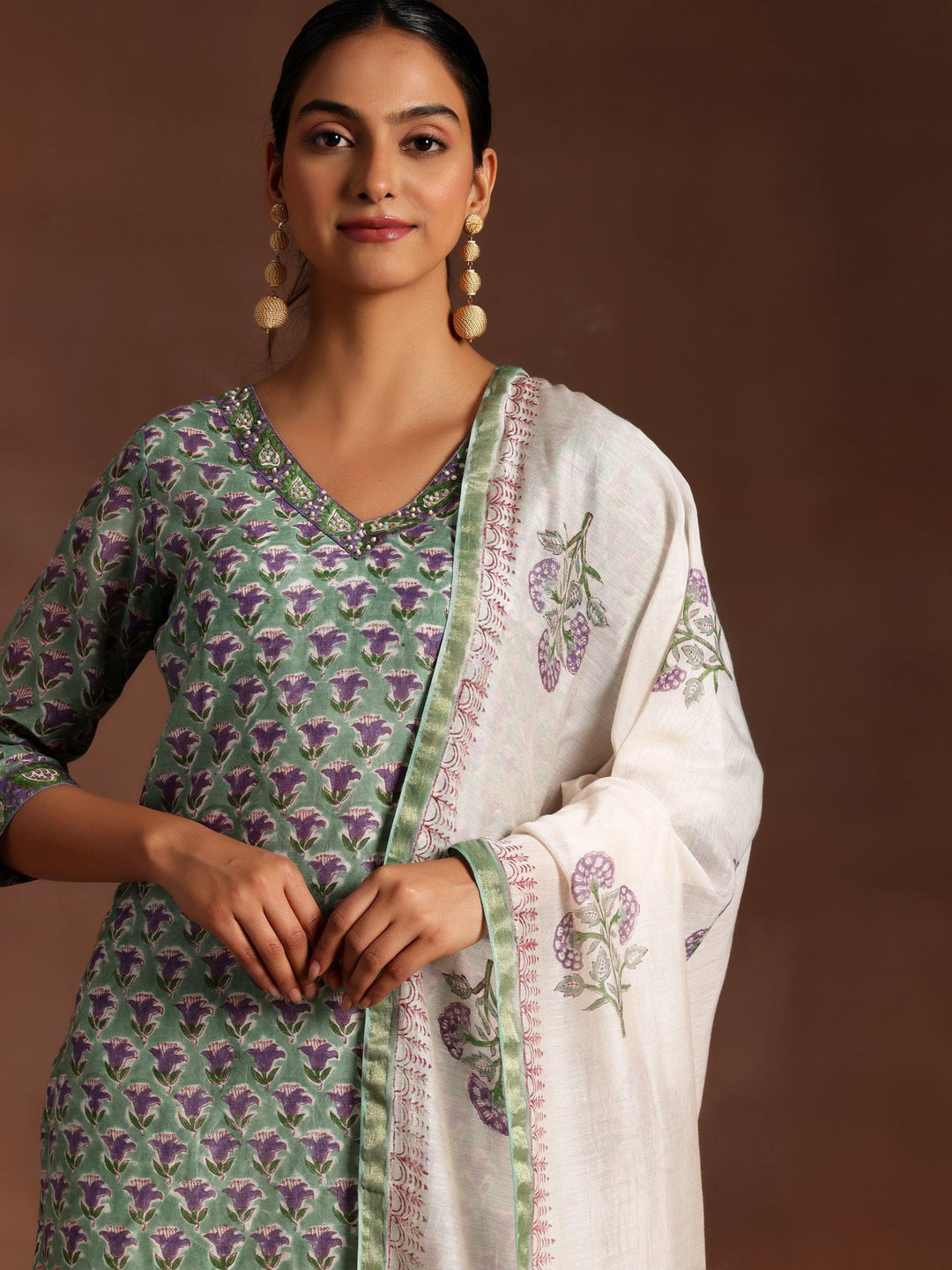 Dhara Green Printed Cotton Straight Kurta With Salwar & Dupatta - ShopLibas