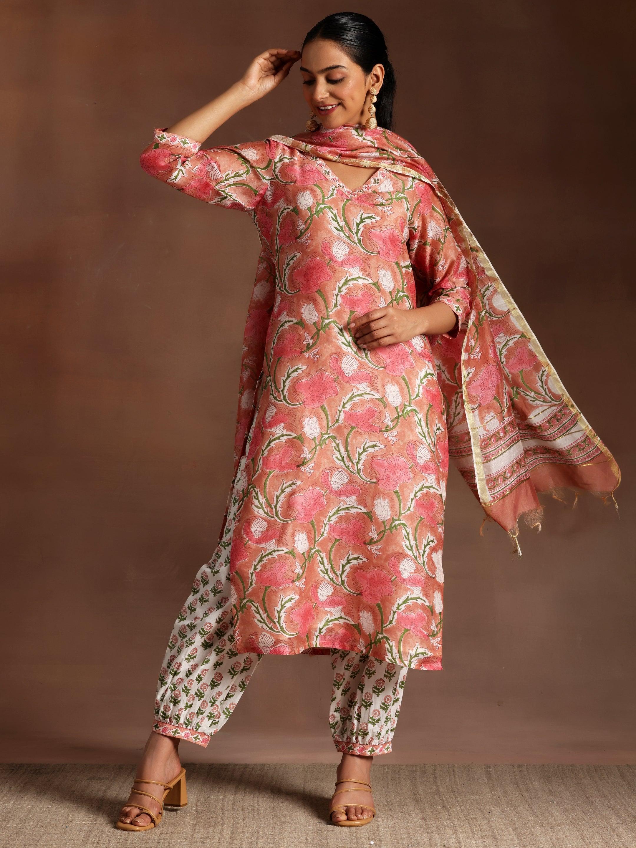 Peach Printed Cotton Straight Suit With Dupatta