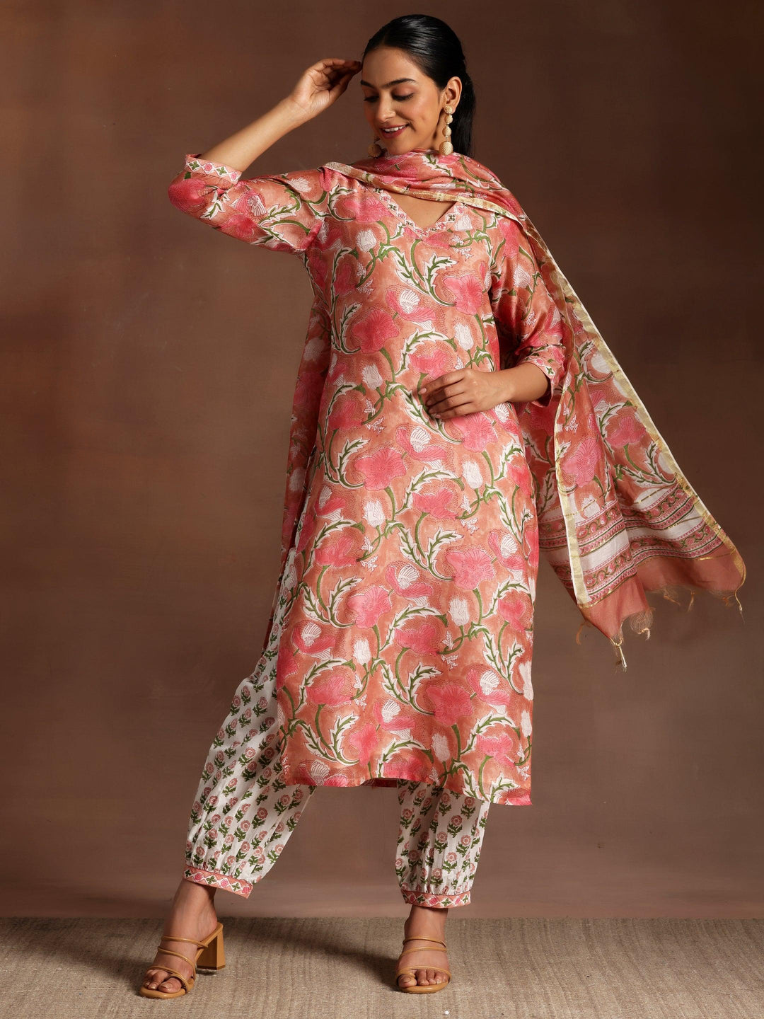 Peach Printed Cotton Straight Kurta With Salwar & Dupatta - ShopLibas