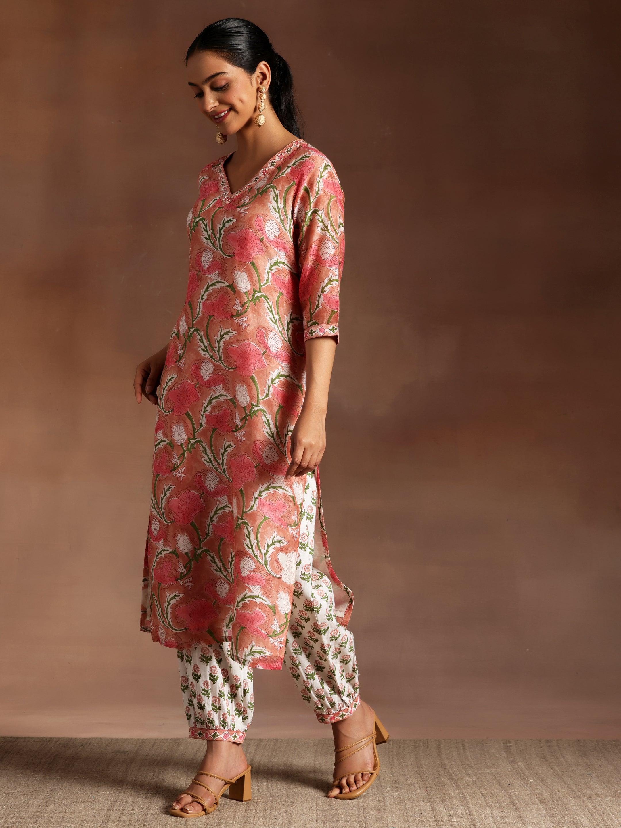 Peach Printed Cotton Straight Suit With Dupatta