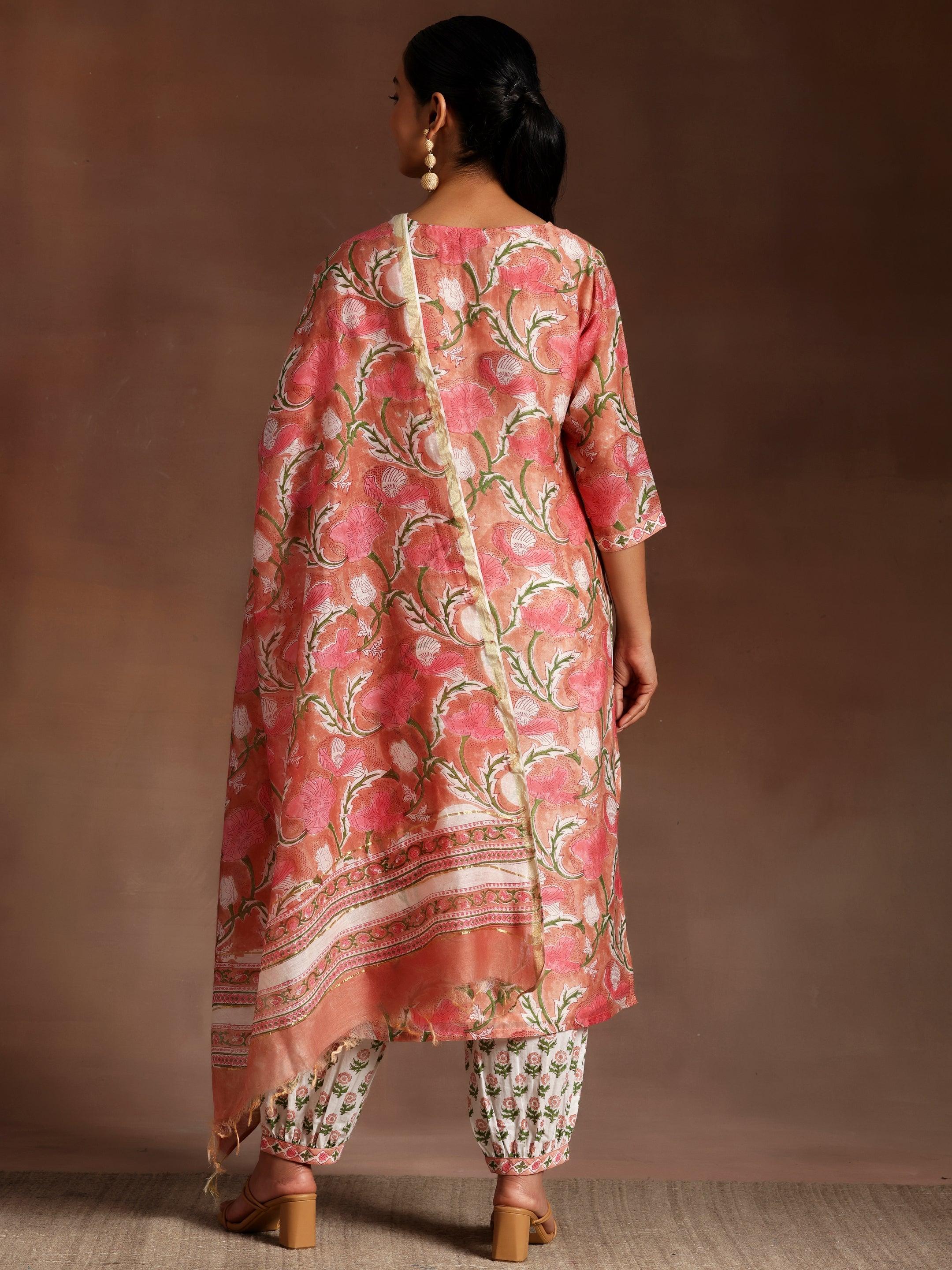 Peach Printed Cotton Straight Suit With Dupatta